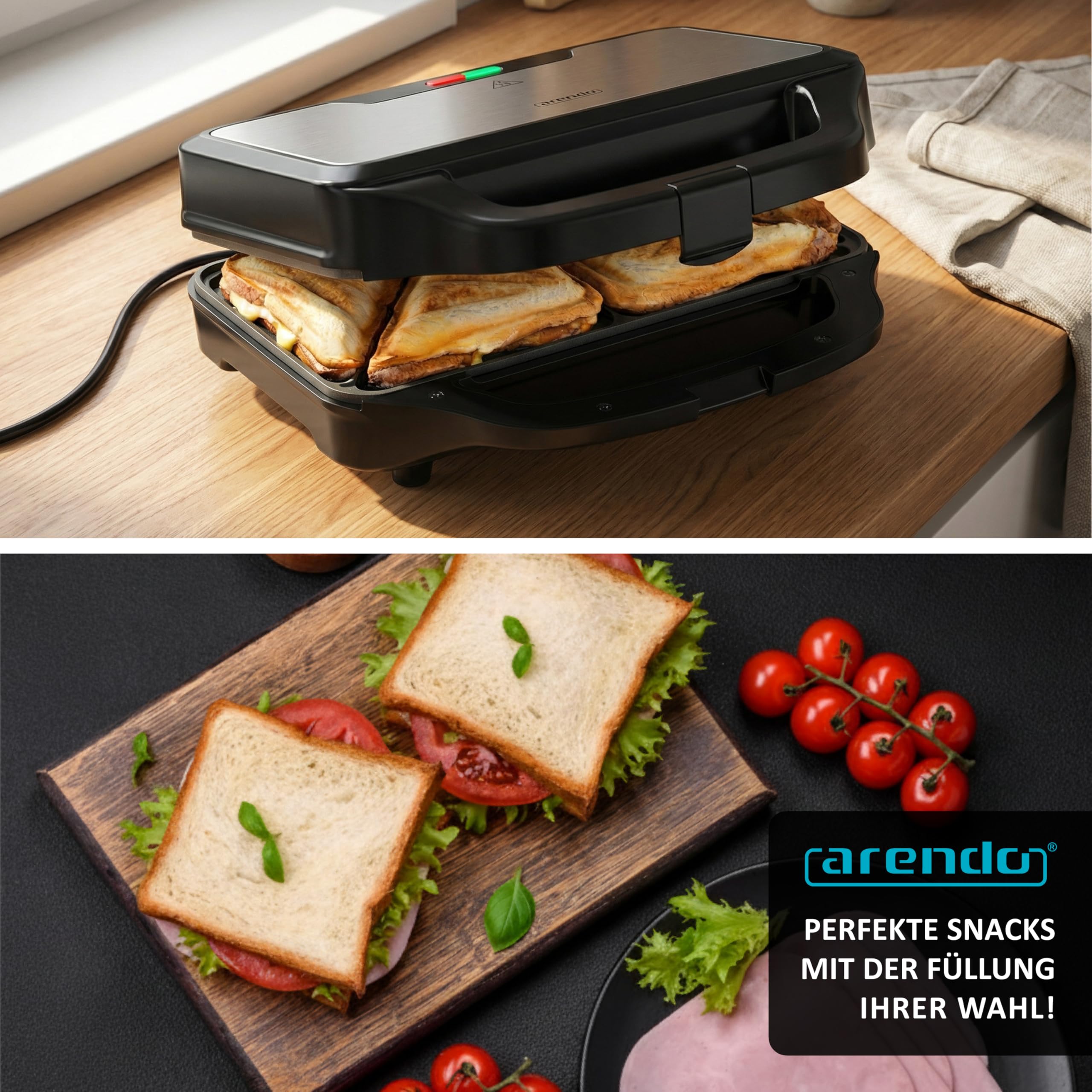 Arendo - Sandwichmaker mit Antihaftbeschichtung – 900 W - automatische Temperaturregelung – Sicherheitsverriegelung - Sandwich Maker - Sandwichtoaster für Sandwiches, Toast, warme Snacks