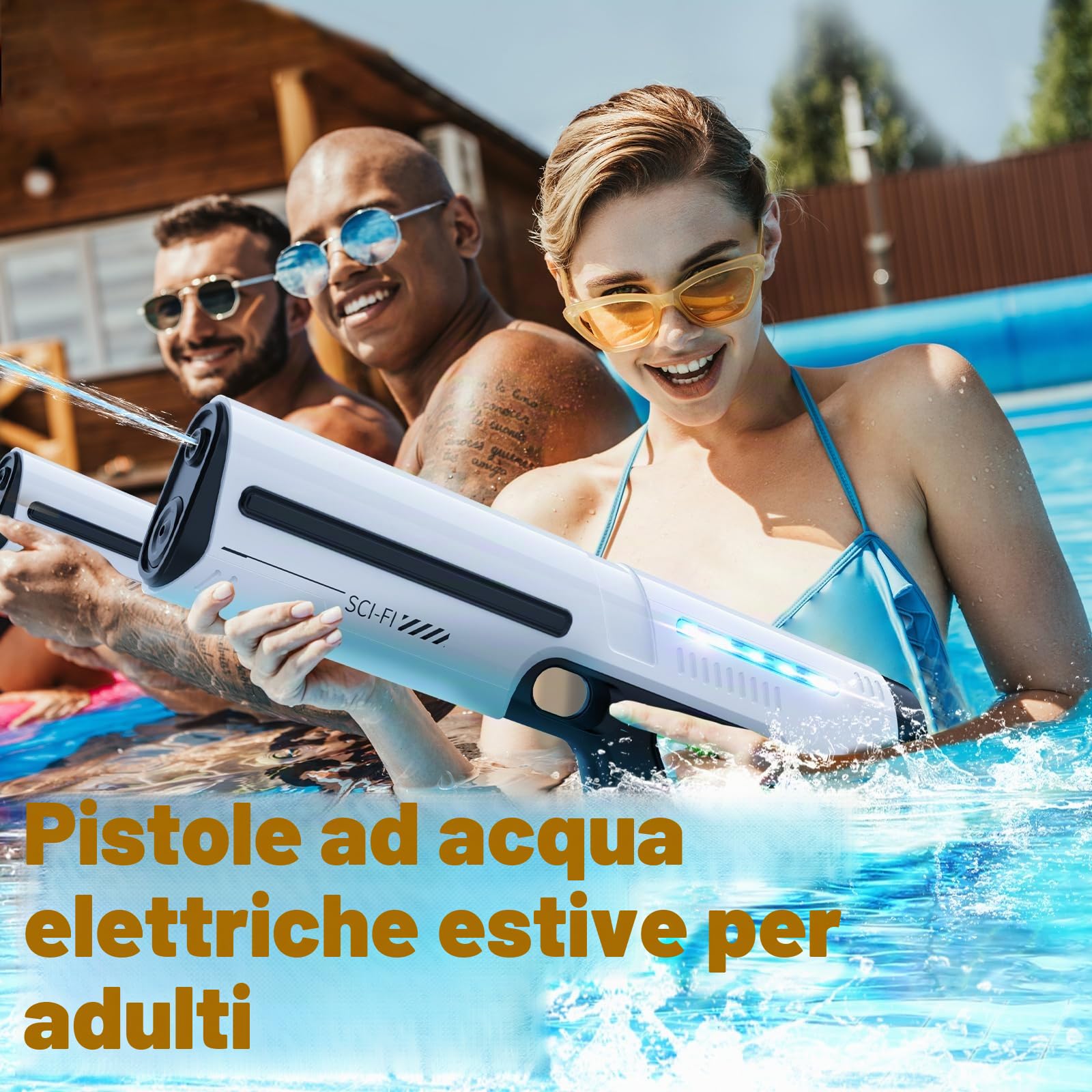 Skirfy Pistola ad acqua elettrica per bambini e adulti, giocattolo a spruzzo a batteria con serbatoio, portata 9 m, luce a LED, assorbimento automatico dell'acqua, gioco estivo in spiaggia all'aperto