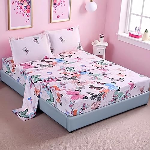 MAG Juego de sábanas de 4 piezas de microfibra rosa con diseño de mariposas para cama Queen, juego de ropa de cama con mariposas, 1 sábana plana, 1