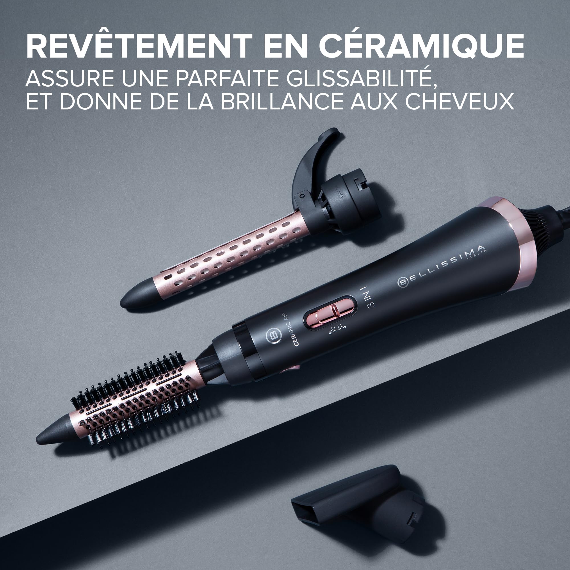 Bellissima Ceramic Air - Brosse Soufflante 3-en-1, Revêtement Céramique - Pour Cheveux Court et Mi-long - Séchage, Lissage et Brushing, 3 Accessoires Brosse à Air Chaud - 800W - Injection Air Froid