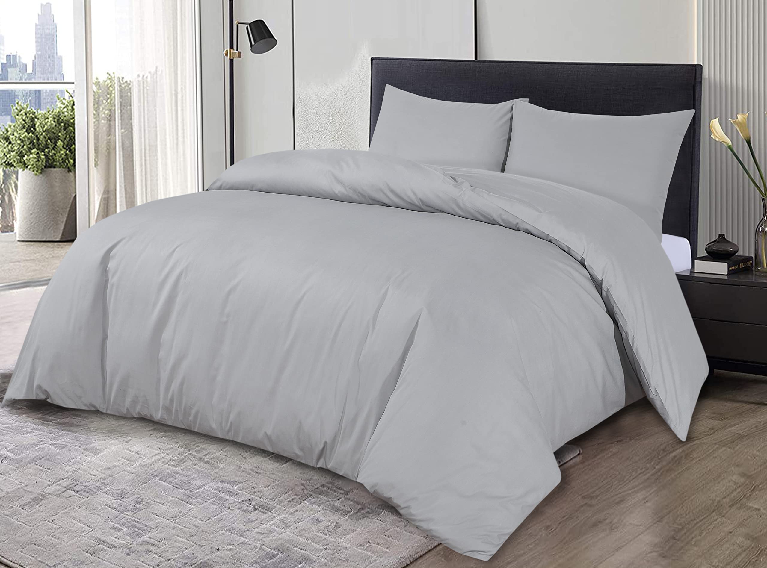 Sapphire Collection 100% Egyptian Cotton 200 Thread Count Duvet Cover With Pillow Case Bedding Set (Silver, King)