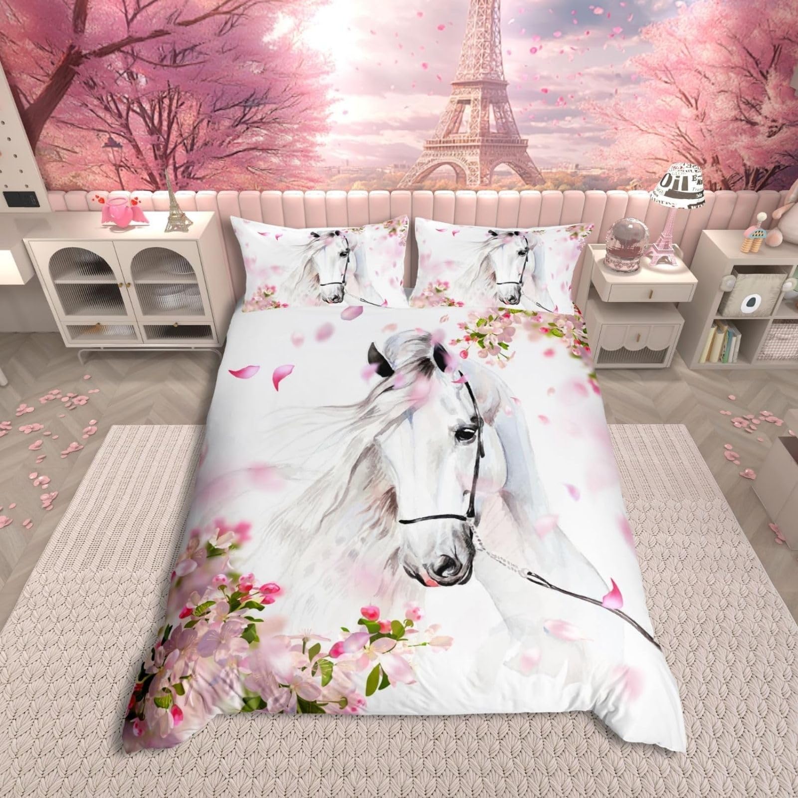 Housse de couette cheval pour chambre fille style western rustique et fleurs sakura