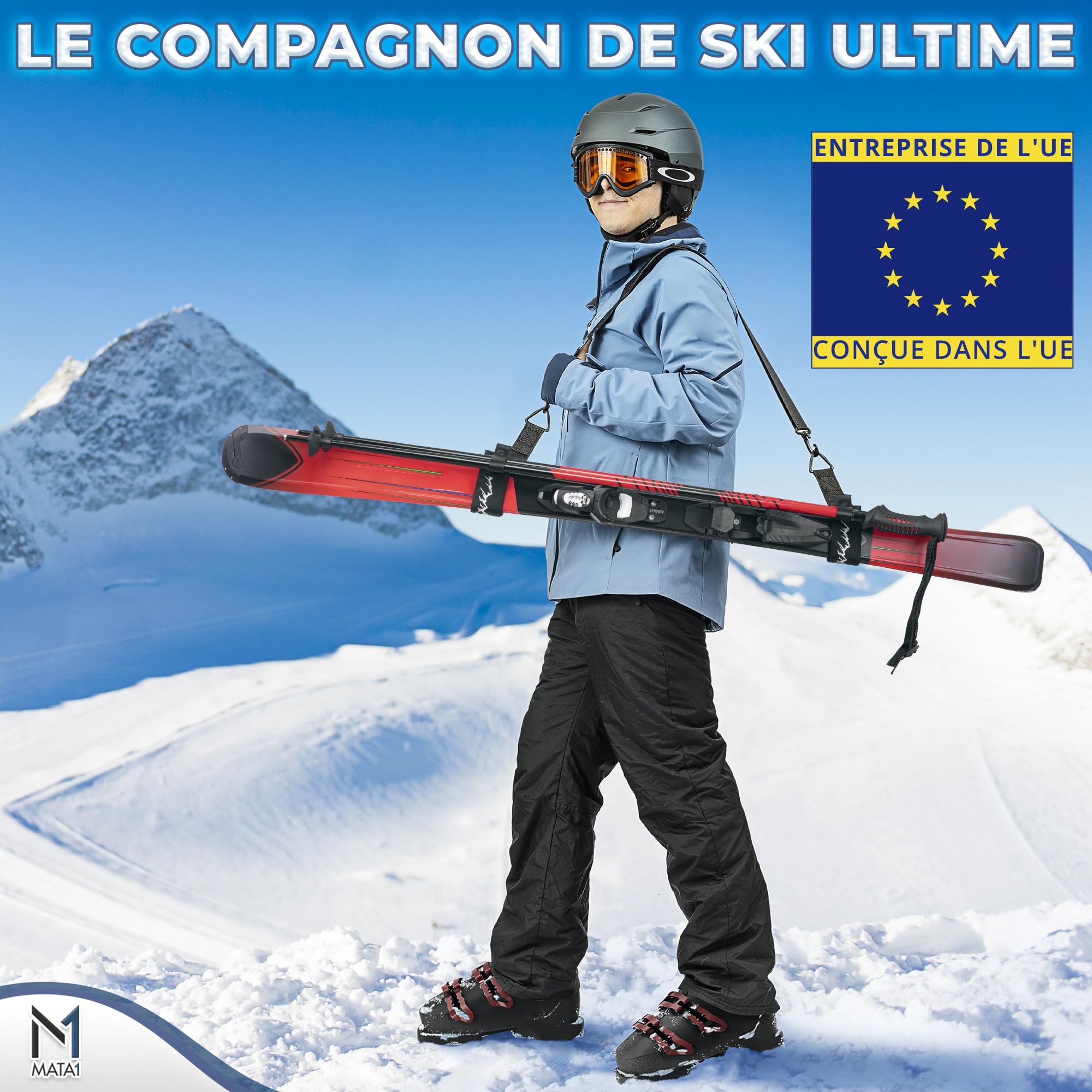 Sangle de Ski Porte-bâtons Noir Bandoulière réglable Transport Skis Bâtons