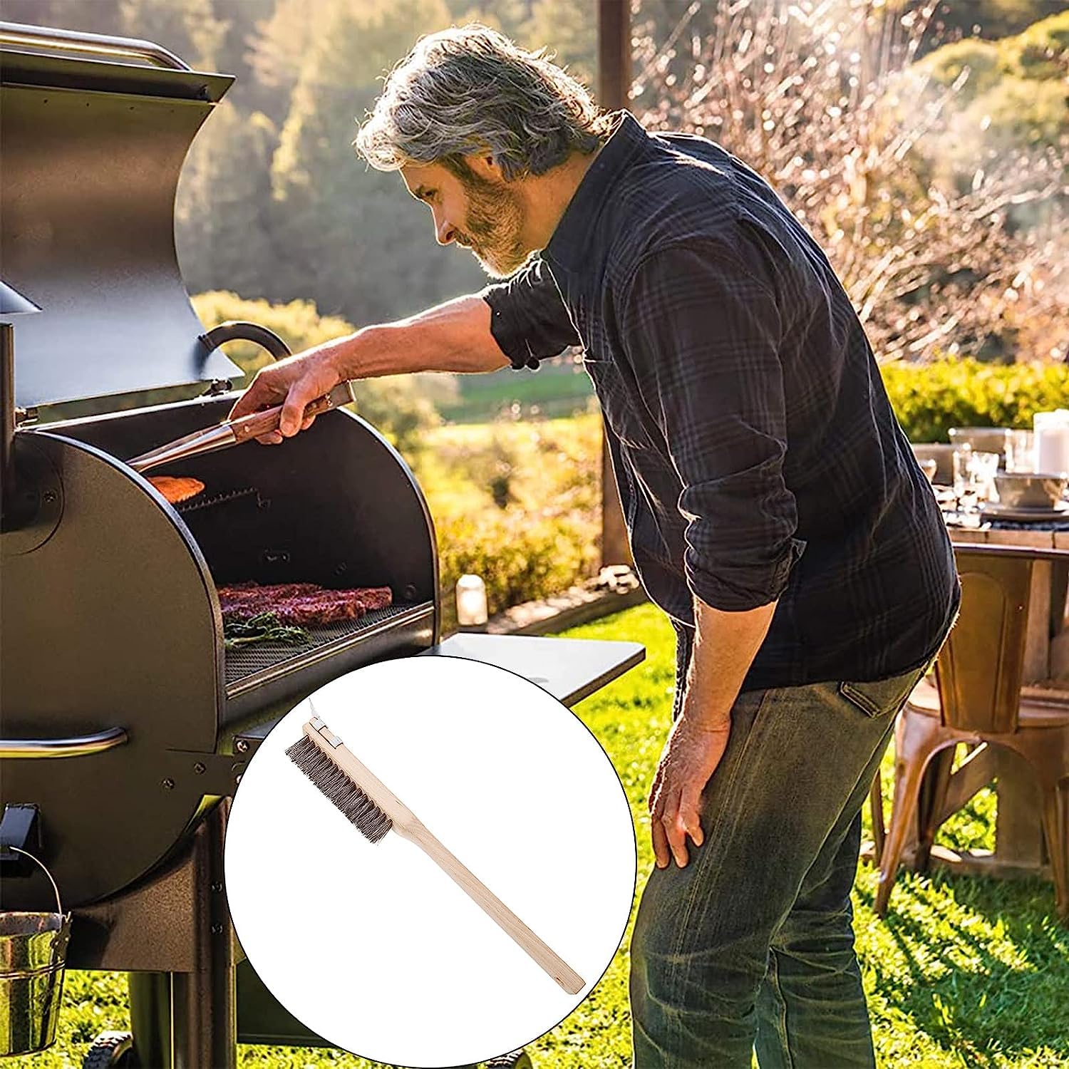 Spazzola Per Pulire Forno Pizza E Griglie - Setole In Ottone E Raschietto In Acciaio - Manico Regolabile In Legno - Foto 4