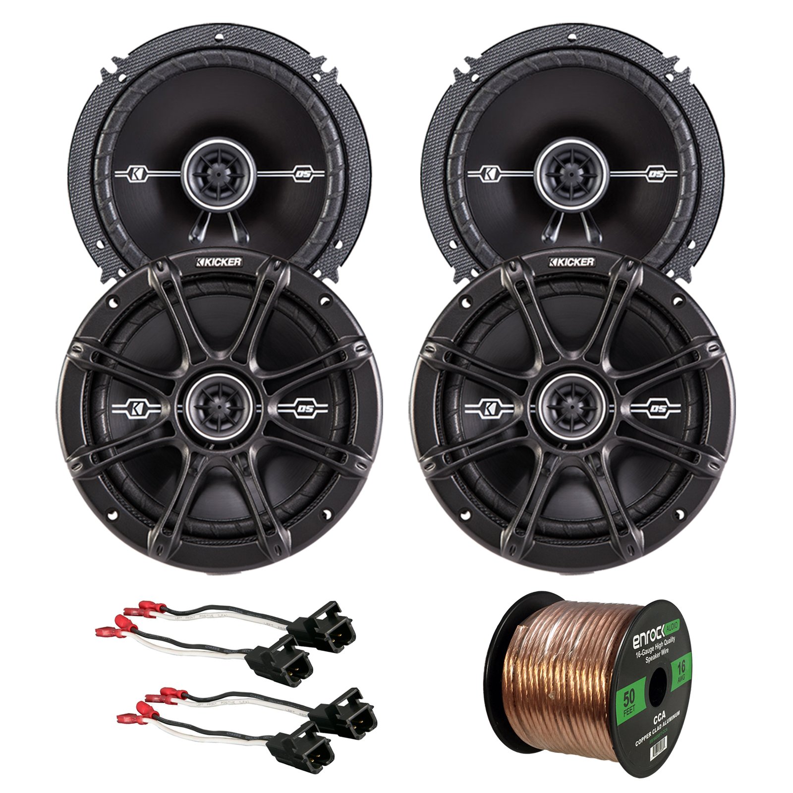 Car Speaker Bundle Combo: 2 Pairs of Kicker 43DSC6504 6.5" Inch 480 Watts 2-Way D-Series Black Car Stereo Coaxial Speaker + Metra Speaker Wiring Harness + Enrock 50 Foot 16 Gauge Speaker Wire