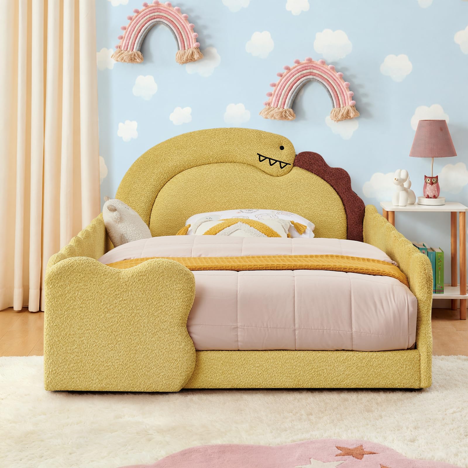 Full Size Kids Bed with Dinosaur Headboard, Upholstered Boucle Fabric Twin Daybed with Slats Support &amp; Side Pocket, Space-Saving Wooden Corner Sofa Couch Day Bed Frame for Girl, Boy, Teenager(Yellow)