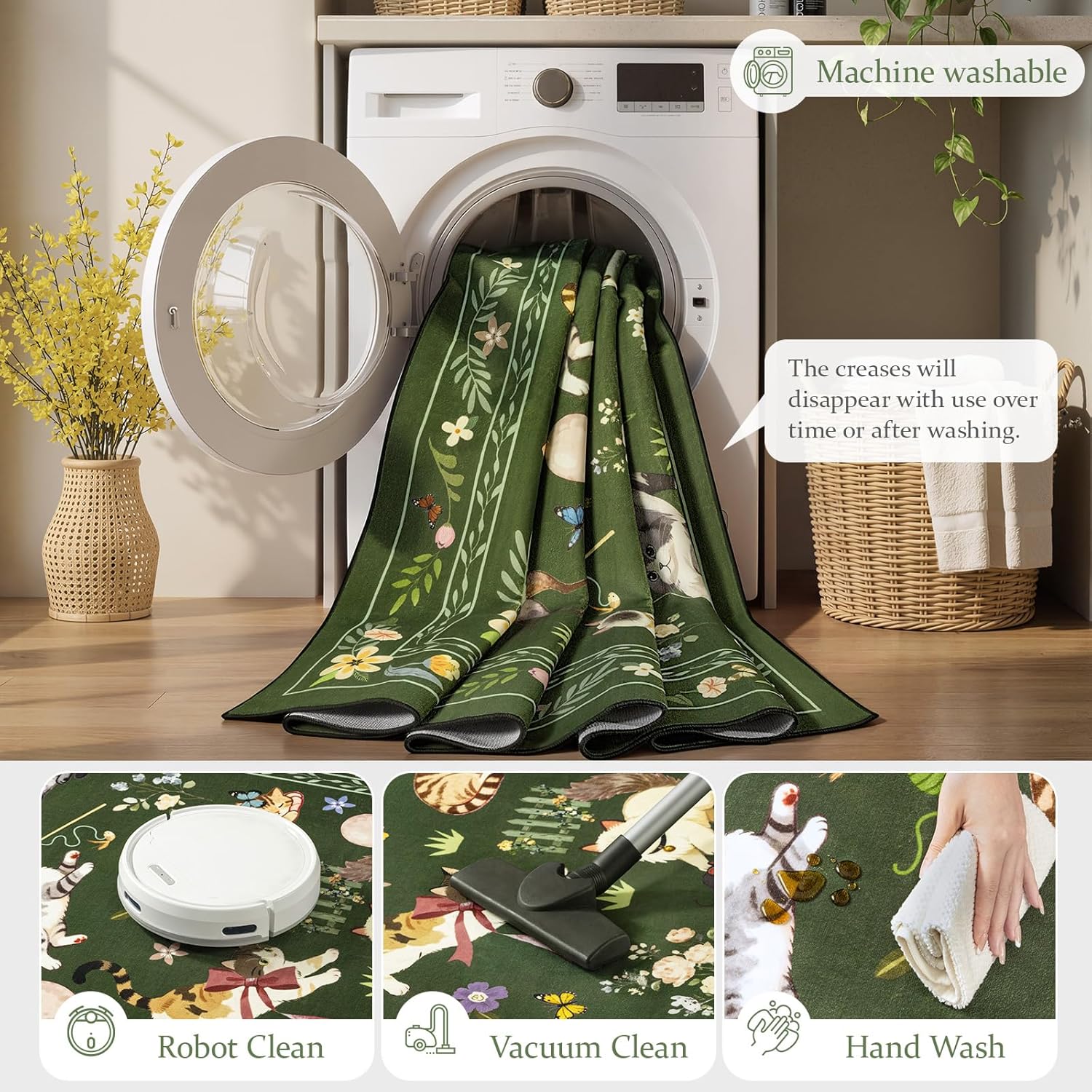 Unirea 3x5 Dark Green Bedroom Entryway Kitchen Area Rug, Washable Non Slip Animal Cat Rug for Living Room, Bathroom, Home Office, Kids Room, Laundry Room, Soft Low Pile Cat Rugs, Thin Carpet