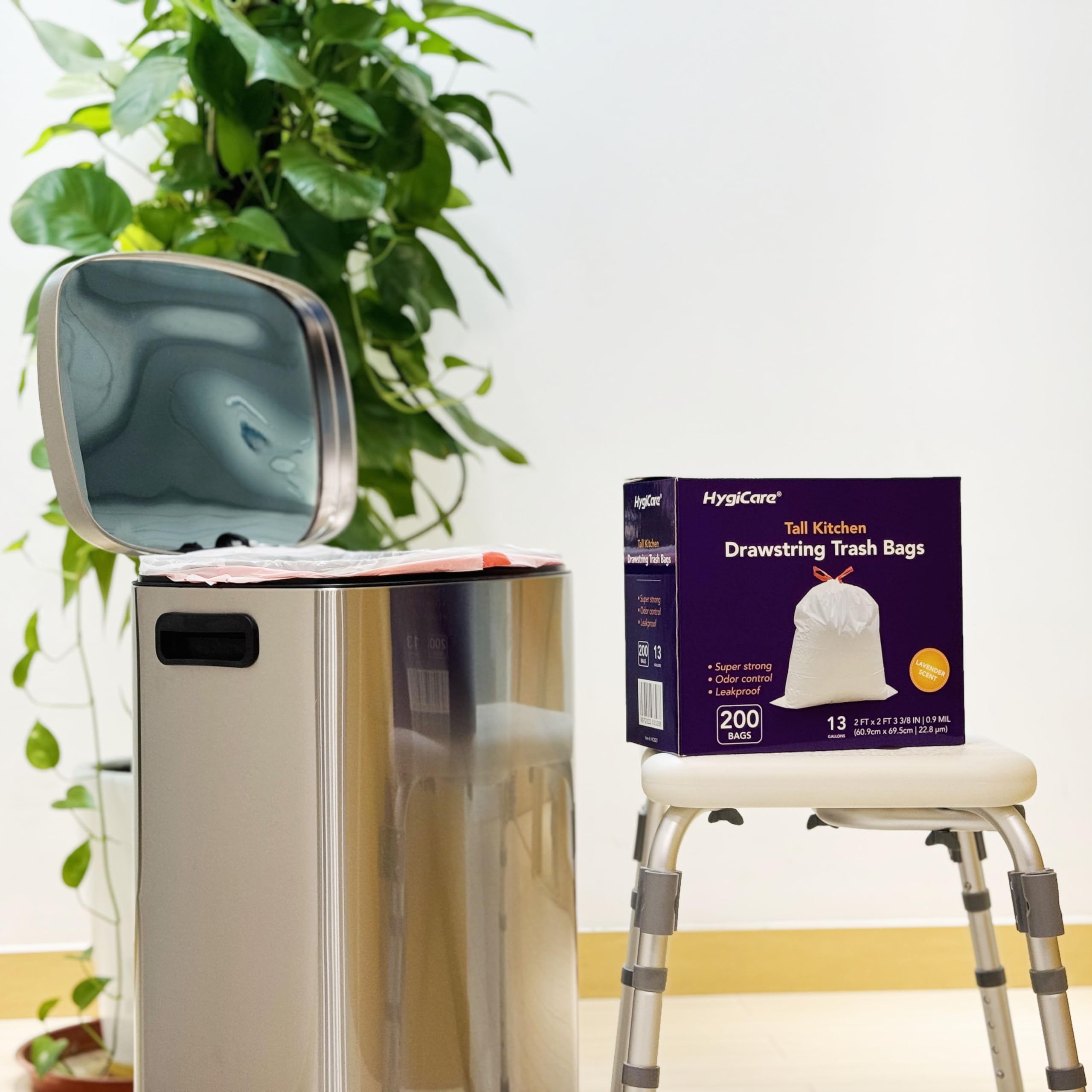 HygiCare Bolsa de basura de cocina alta de 13 galones, 200 unidades, resistente con cordón y control de olores de lavanda
