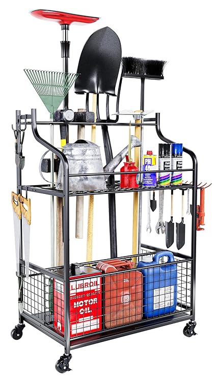 Idzo Garden Tool Organizer for Garage-Yard Tool Racks with Wheels,Garage Organizers and Storage Hold Garden Tools,Yard Tool Holder for Garage/Shed,Garden tool stand