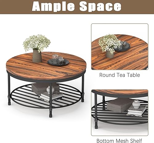 Miniatura 29 de Mesa de centro redonda de 36 pulgadas, superficie superior de madera rústica y patas de metal resistentes, mesa industrial para sala de estar, Nogal