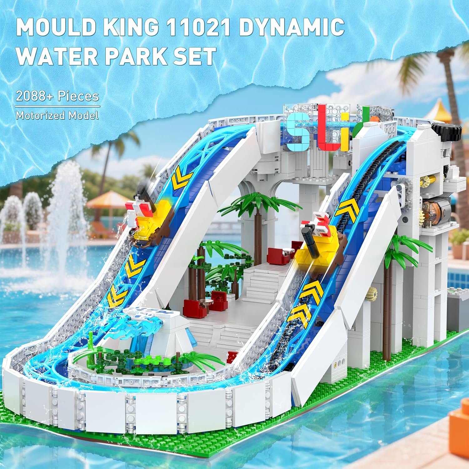 Mould King 11021 Water Slide Park Building Sets, Dynamic Water Slides Model with Roller Coaster, 2088+ Pieces Amusement Park Diorama, STEM Construction Toy Educational Gift for Adults & Teens Age 14+