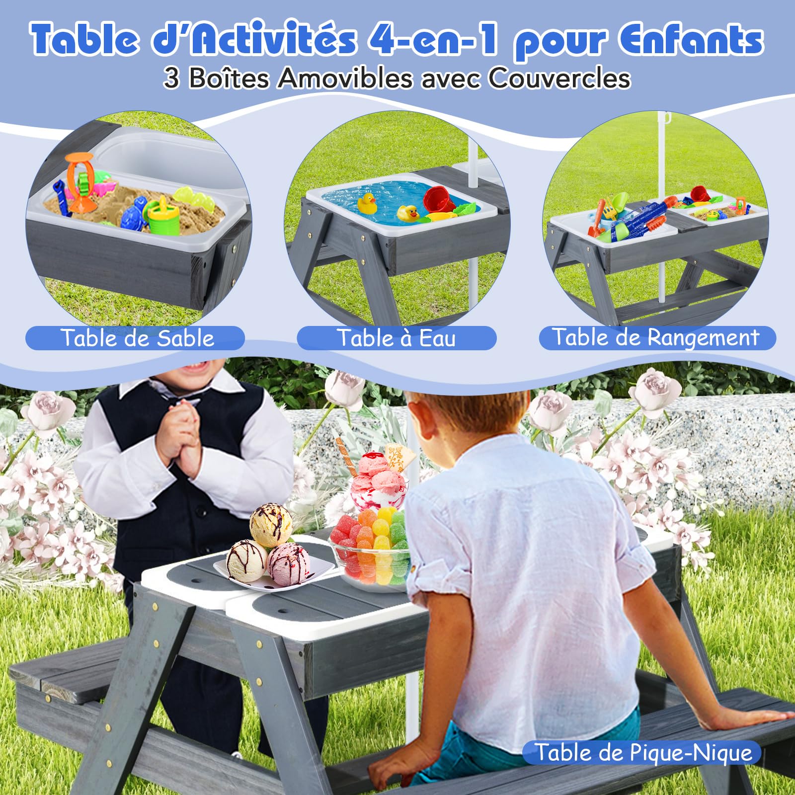DREAMADE Table de Pique-Nique Enfant en Bois avec Parasol Amovible,Tables Extérieur Garçons Filles avec Bancs de Jardin&3 Boîtes à Couvercle,96x75x54CM (Grise+Coloré)