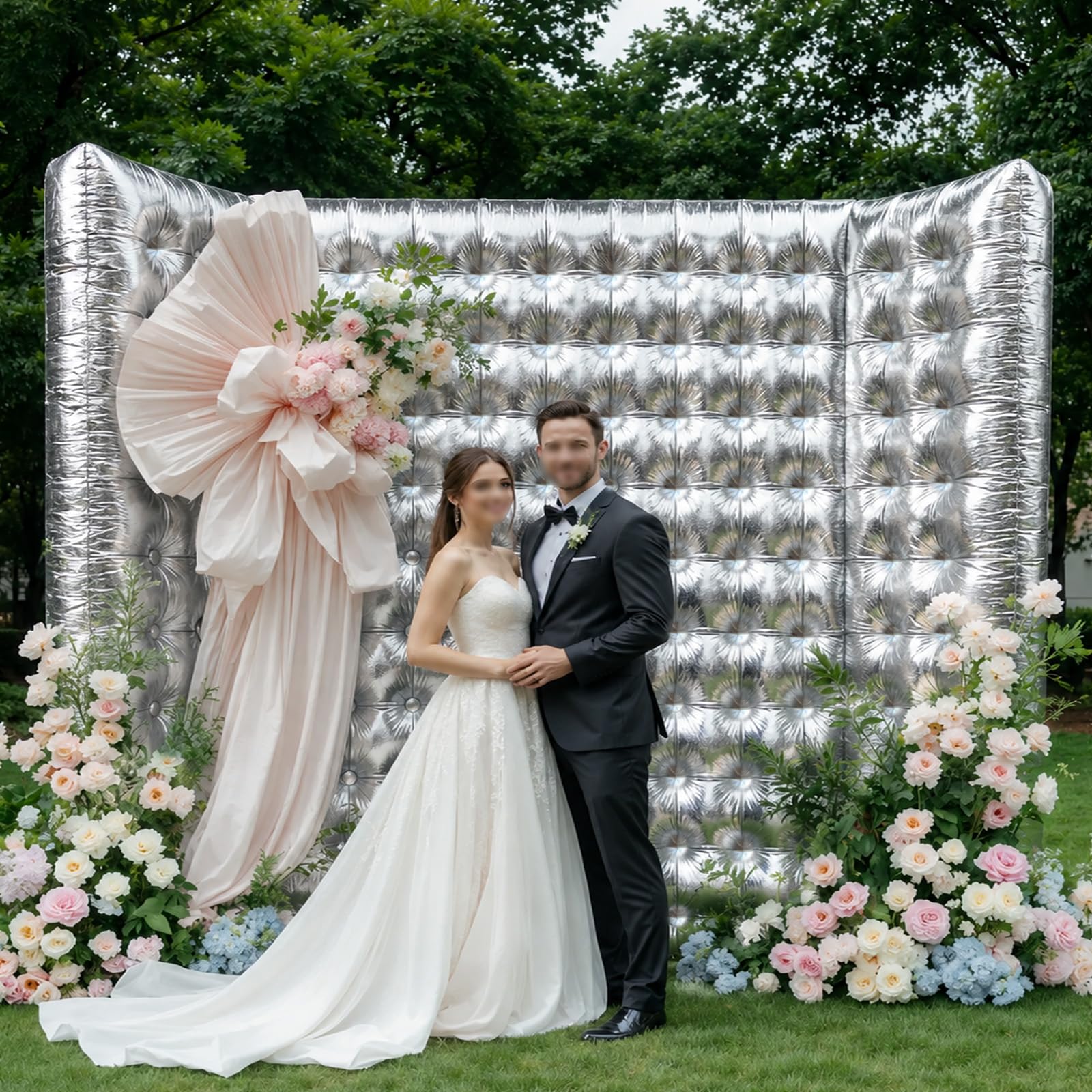 Mur photo gonflable – Toile de fond portable de 24 x 20 x 120 cm avec lumières LED, installation facile pour fêtes, mariages, anniversaires et événements – Argenté