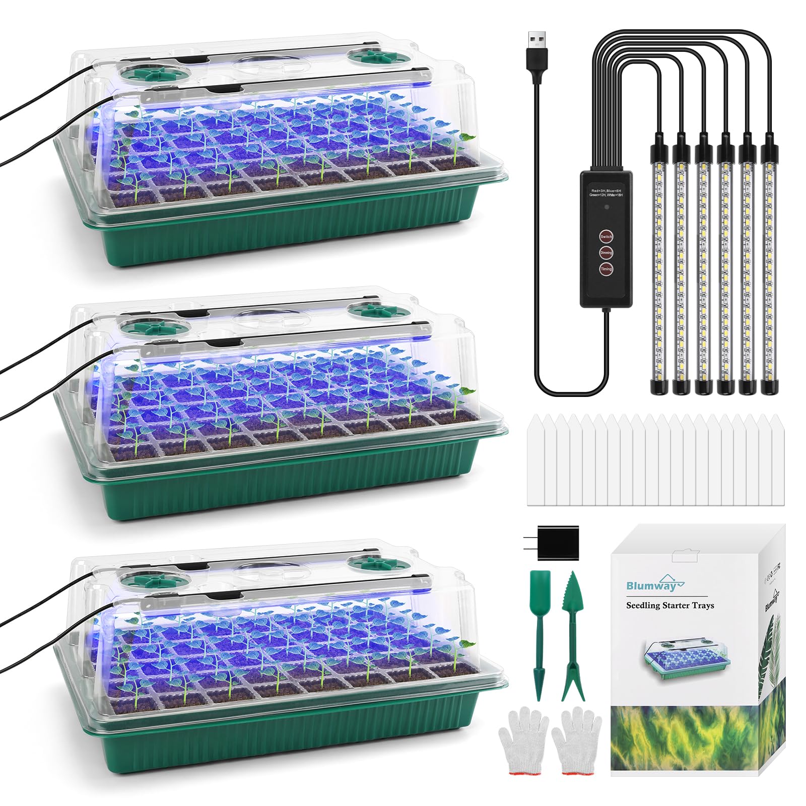 BlumWay Seed Starter Tray with Grow Light,3 Pack 120 Cells Seedling Tray with Humidity Dome/Indoor Grow Kit for Deep-Rooted Seedlings,Adjustable/Timed Light Plant Starter Set