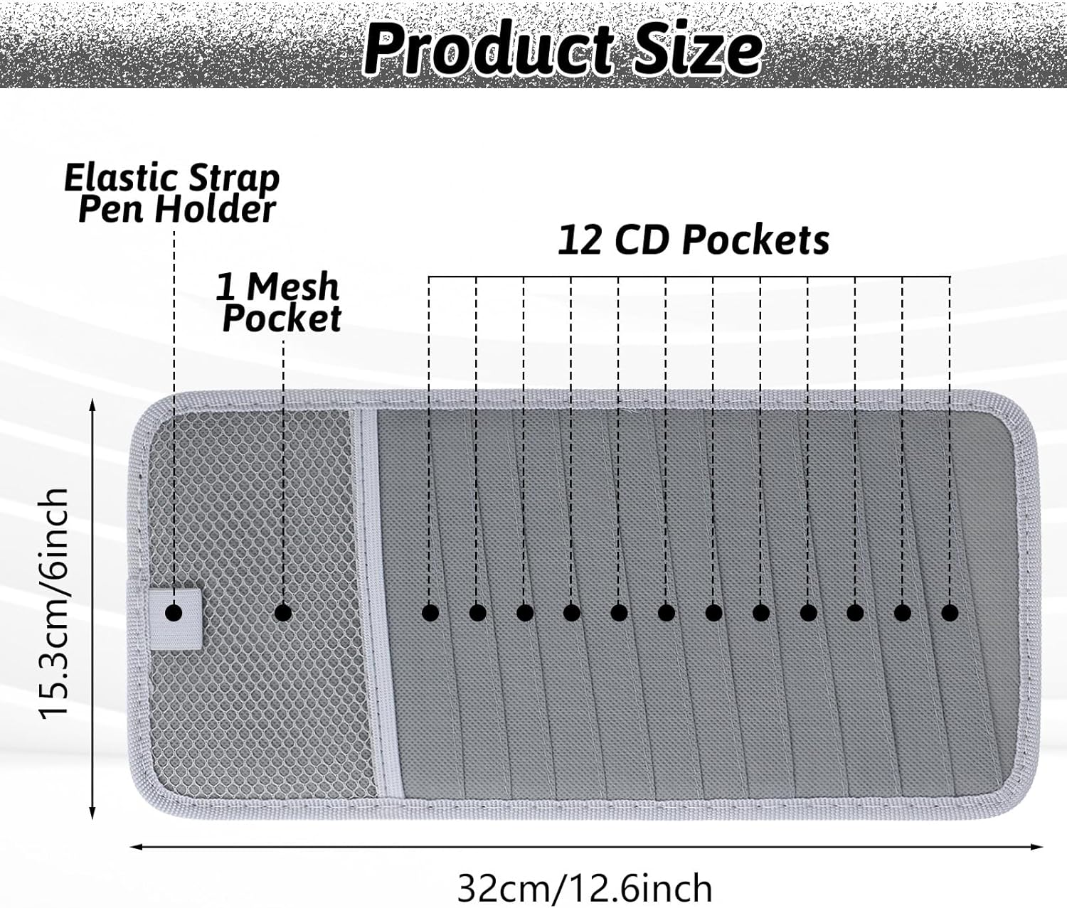 salbsever Cd Car Holder, Large Capacity CD Visor Holders for Car DVD Storage Case with 12 Disc Sleeves 1 Mesh Pocket 1 Pen Holder and Elastic Band Grey