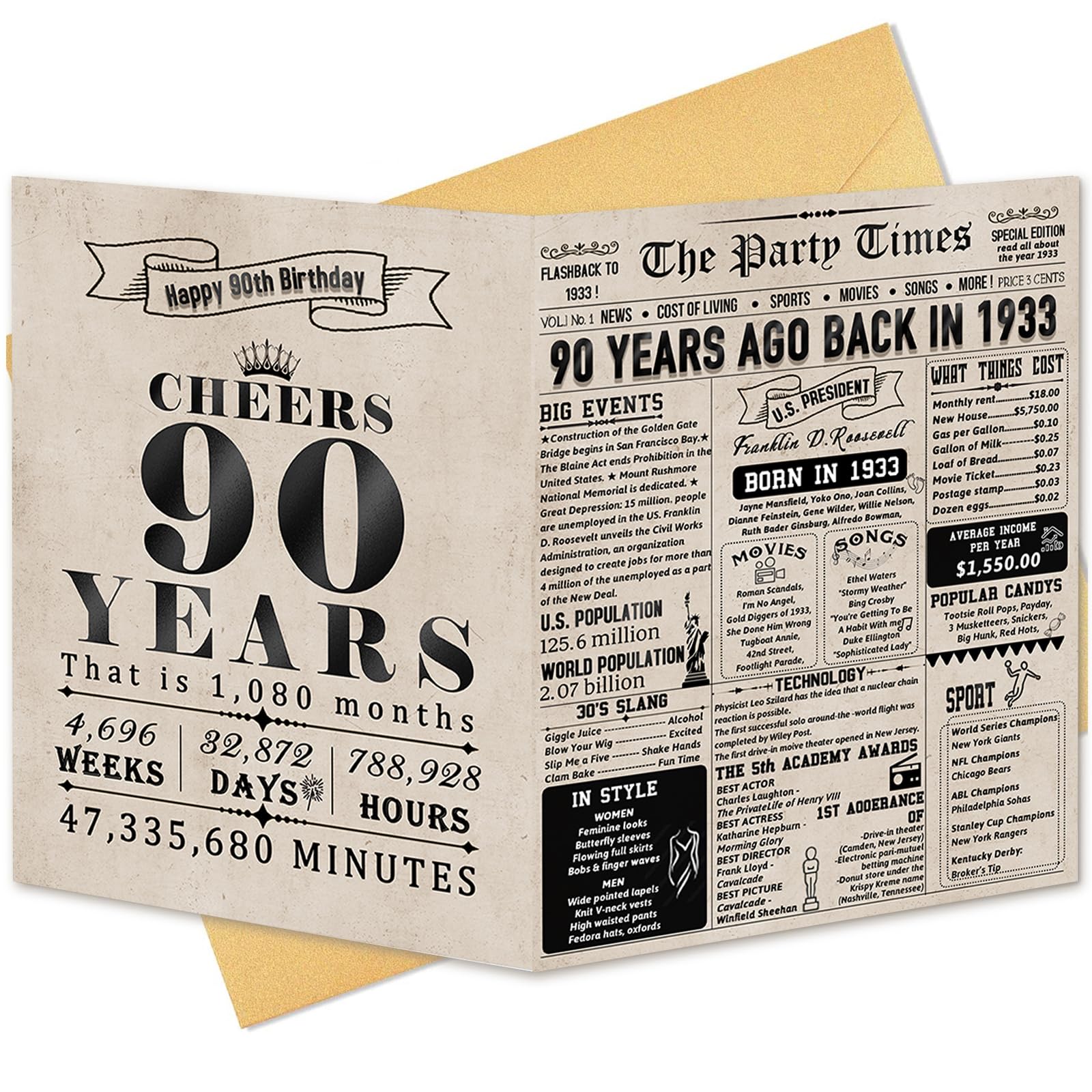 90th Birthday Gifts for Men Women, Unique 90 Bday Anniversary Card Ideas for Him Her, 90 Year Old Happy Birthday Decorations for Mom Dad Husband Wife, Back In 1933 Greeting Card for Friends