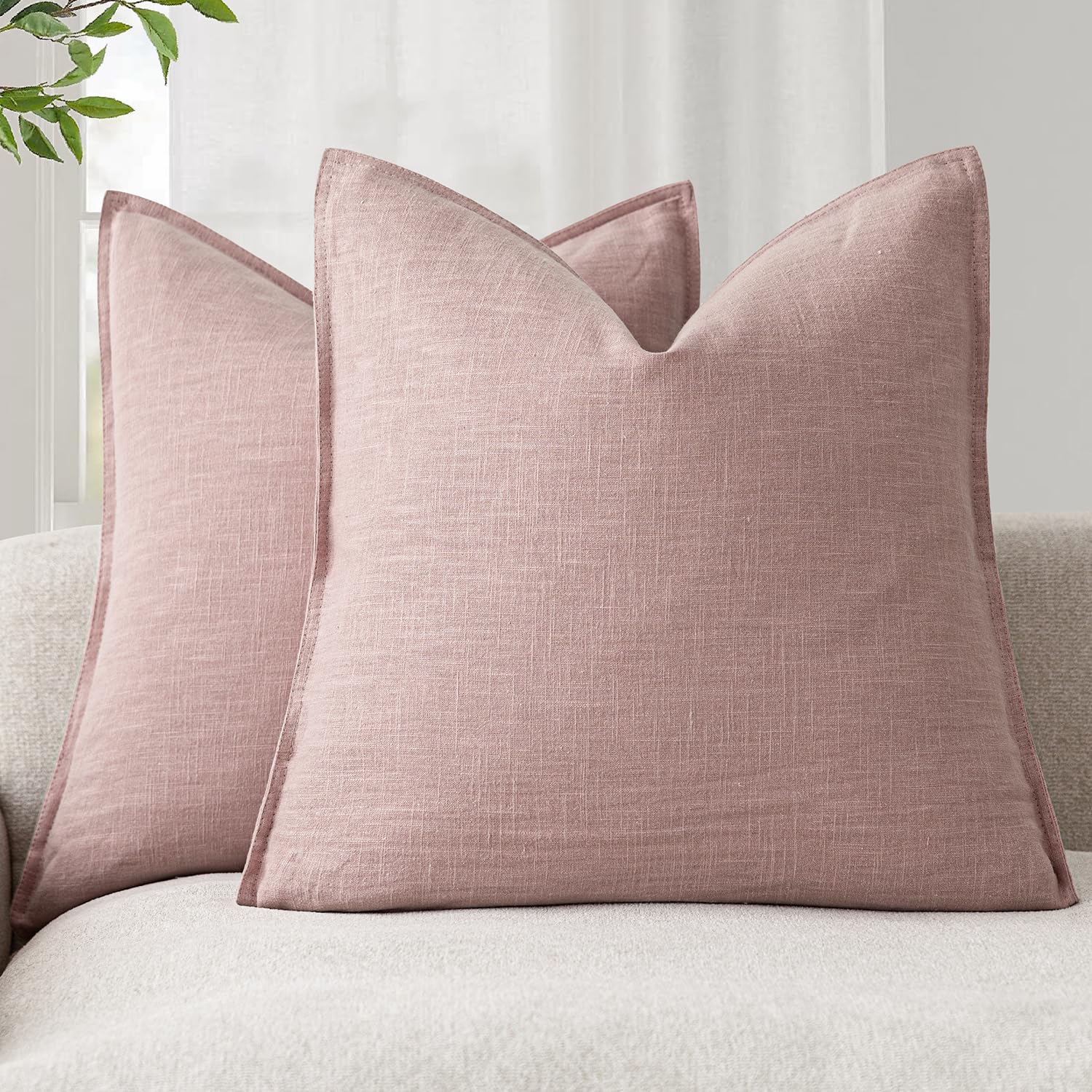 Foindtower Pack of 2, Decorative Linen Soild Throw Pillow Covers Soft Accent Cushion Euro Case Boho Farmhouse Pillowcase for Chair Couch Sofa Bedroom Living Room Home Decor 24 x 24 Inch Rose Pink — image 1