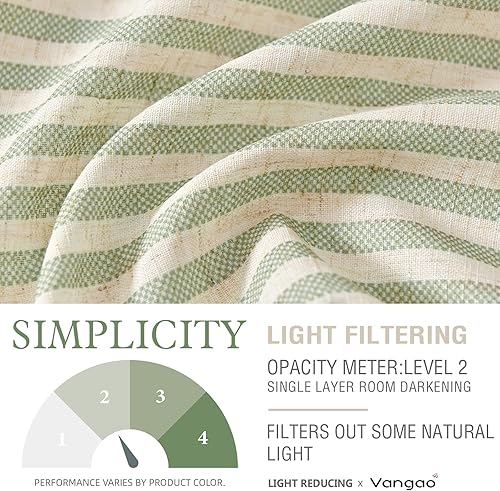 Miniatura 4 de Vangao Cenefa de cocina - Cortina corta de lino con rayas rústicas, con bolsillo para barra de corte, 16 pulgadas, 1 panel, verde sobre beige