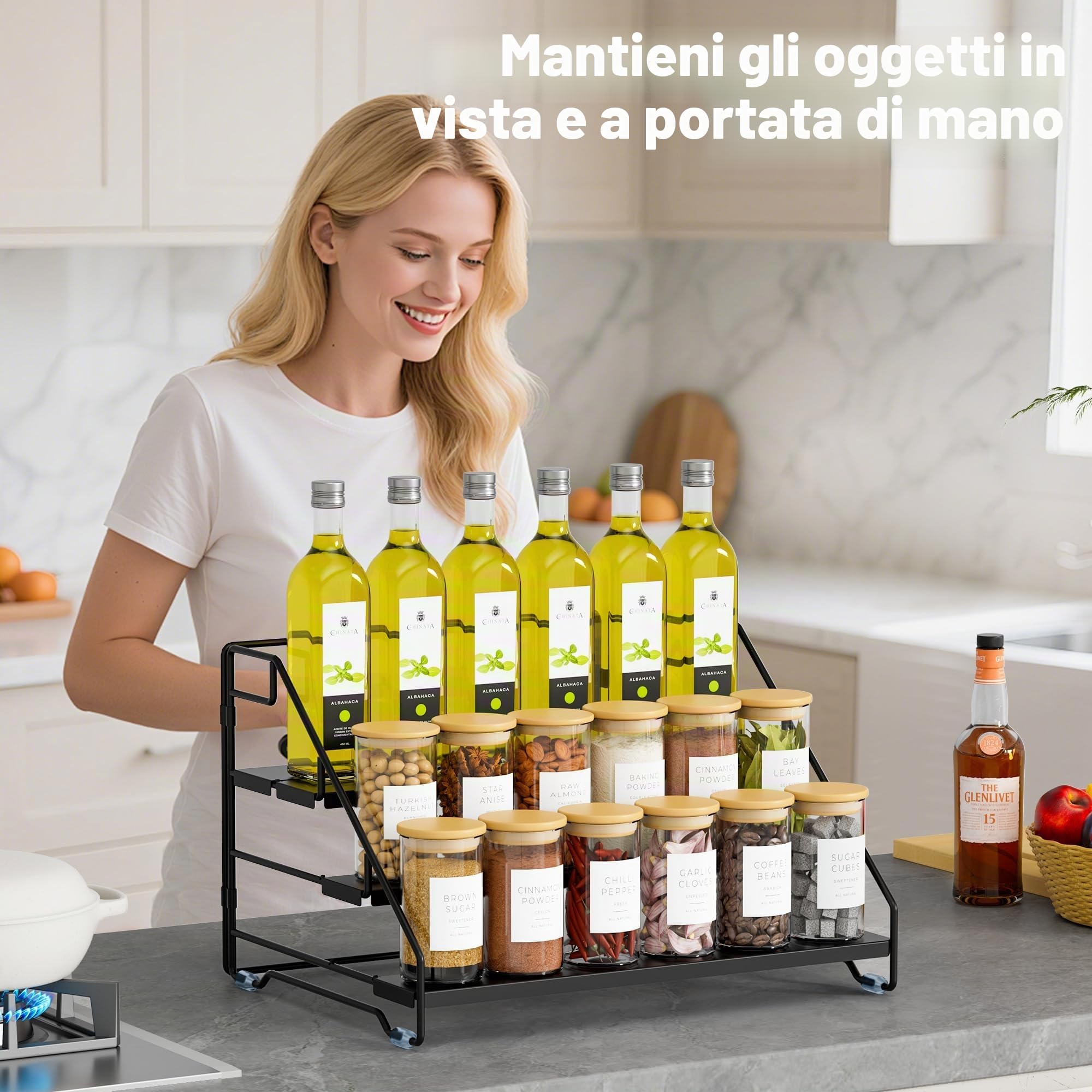 Gucass Porta Spezie per Cucina, Portaspezie in Metallo Salvaspazio A 4 Livelli, Portaspezie da Appoggio Regolabile Supporto Porta, Spezie Organizer per Cucina Bancone Armadio, Nero