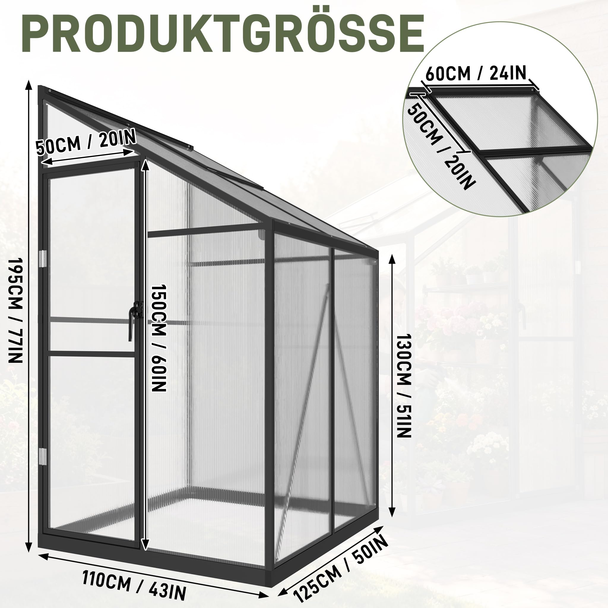 LZQ Anlehngewächshaus Schrägdach mit verstellb. Dachfenster 125x110x195cm