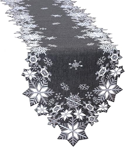 Simhomsen Caminos de mesa bordados con copos de nieve para Navidad e invierno (gris, 14 x 69 pulgadas) Simhomsen Caminos de mesa bordados con copos de nieve para Navidad e invierno (gris, 14 x 69 pulgadas)