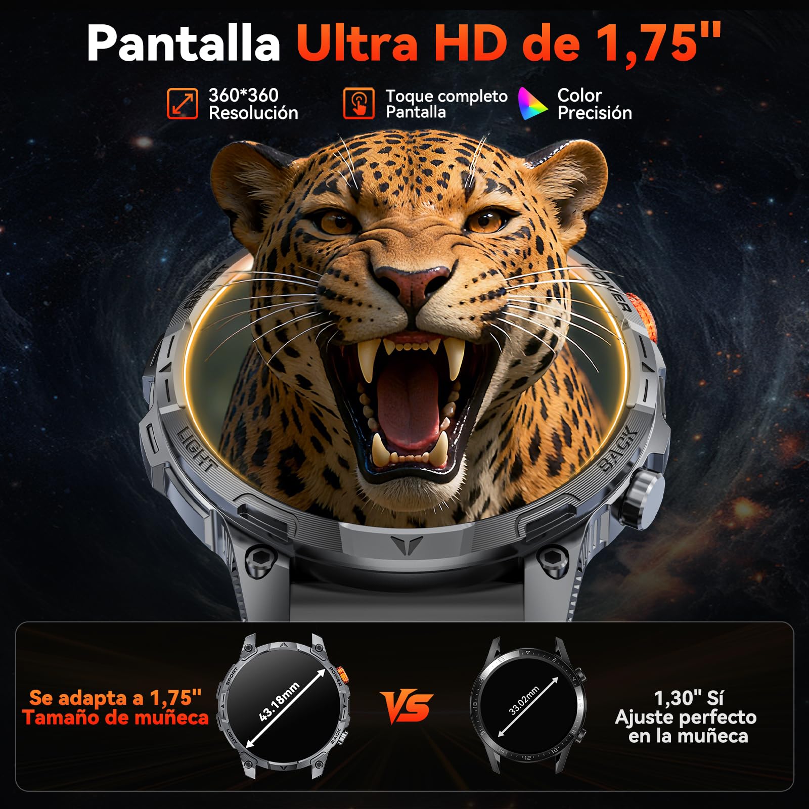 Reloj Inteligente Hombree Militares,1000 mAh Smartwatch, Dos Correas, Pantalla HD 1,75", Linterna LED, 100＋Modos Deportivos, Salud Monitorizada, Llamadas Bluetooth para iOS Android (Negro)