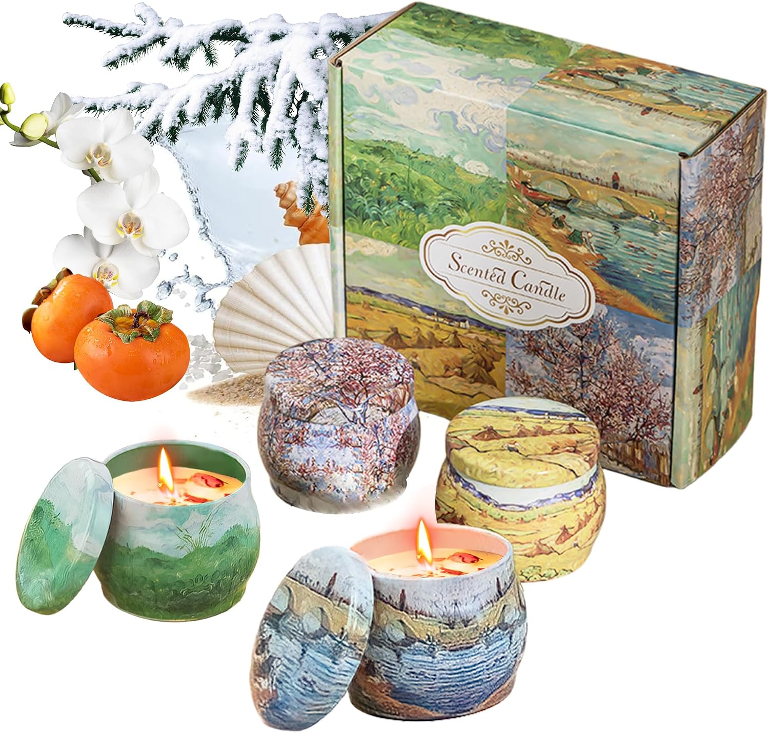 Mothers Day Gifts for Mom Oil Painting Scented Candles Gift Set for Women,4 Pack Aromatherapy Candles for Home Scented,Jasmine, Persimmon,Beach,Cedar Natural Soy Wax Candles for Birthday,Anniversary