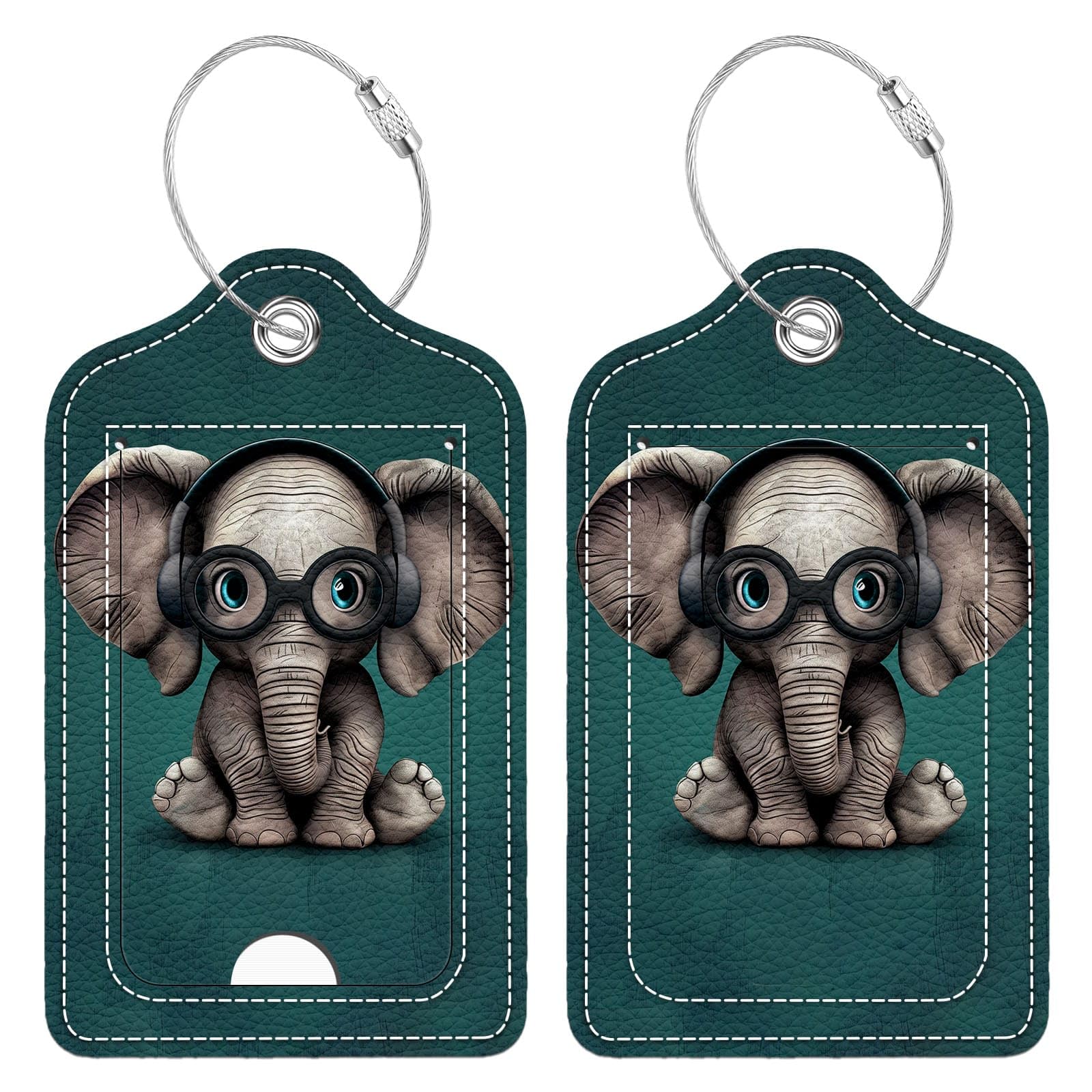 GoodsproutFunny PU Leather Luggage Tags 2-Pack with Headphones Cute Little Elephant Cute Pattern Suitable for Suitcase Stainless Steel Loop and Address Card Essential for Cruise and Airport Travel