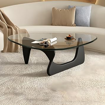 Triangle Glass Coffee Table, Aesthetic Coffee Table, Vintage Coffee Table for Living Room- 36" L x 25.5" W x 16" H Clear Glass Top Black Solid Wood Base