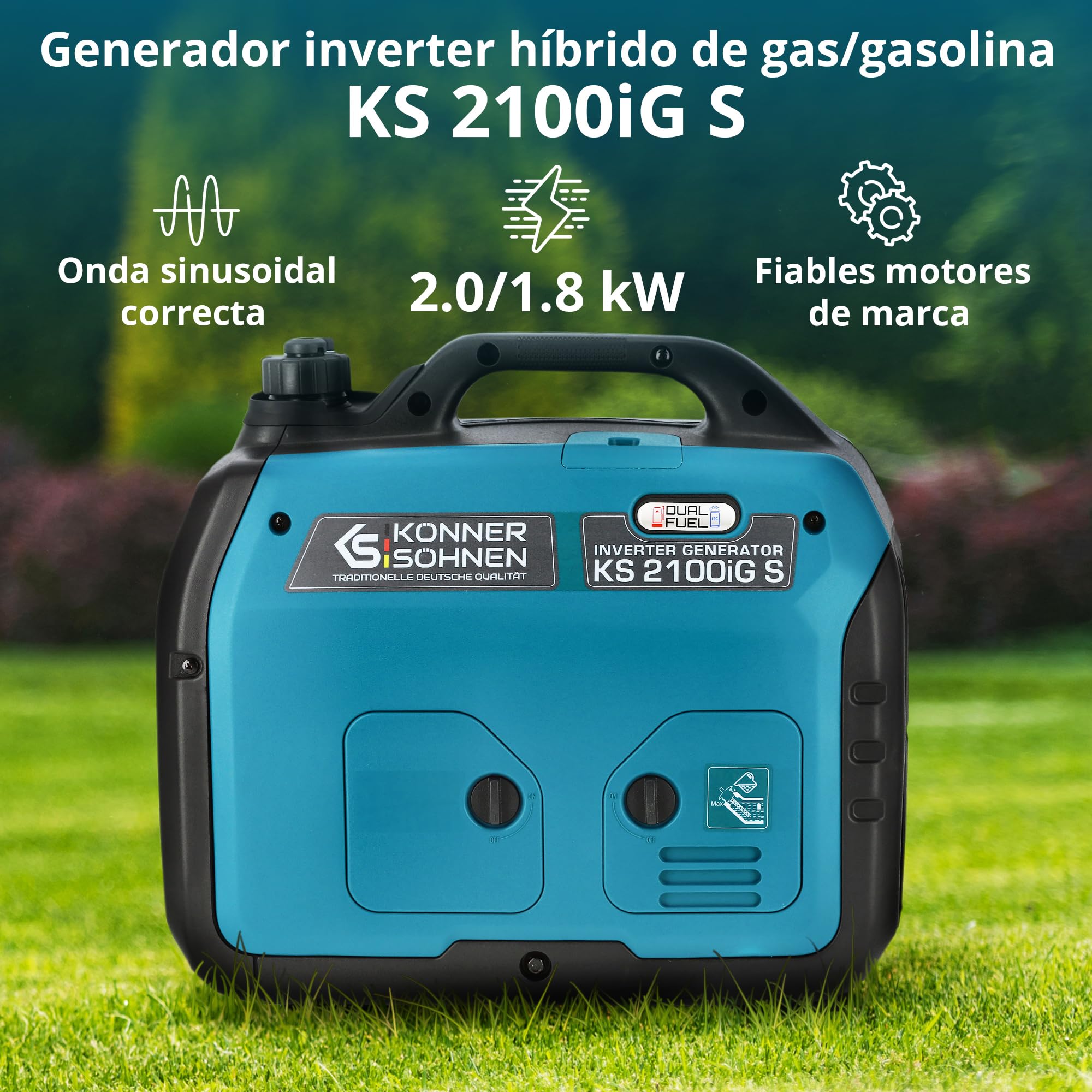Könner & Söhnen KS 2100iG S Generador Inverter Gasolina 2000W Schuko Socket 230V 2 Puertos USB Indicador LED Modo ECO Generador de Emergencia EURO V