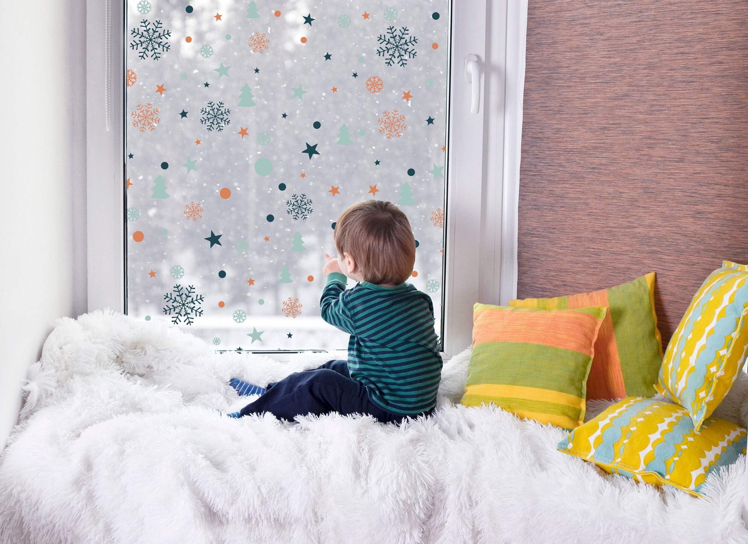 Quotemywall Light/White 90 Mini Christmas Window Stickers, Christmas Trees Snowflakes & Dots, Xmas Window Decals For Home Shop Window