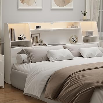 King Size Headboard Only for Bed, Wood Bookcase Headboard with Charging Station & 2 LED Lights, Modern King Bookshelf Headboard with Storage, Noise-Free, Sturdy and Durable, White