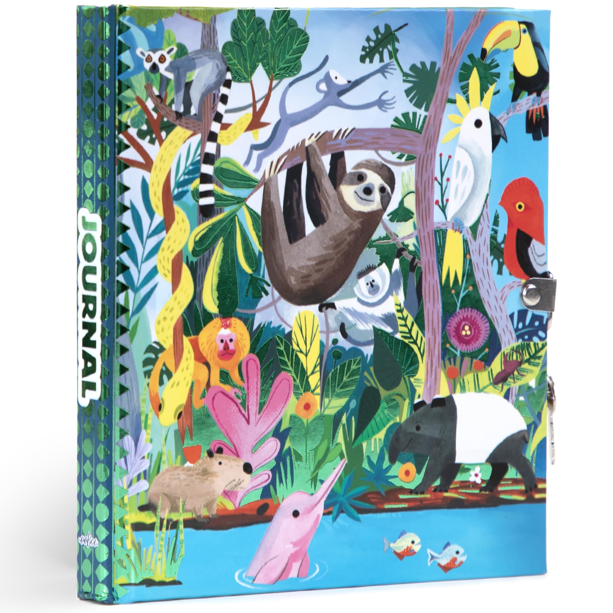 eeBoo: Rainforest Animals Foiled Locking Journal, Includes Privacy Lock with Set of Keys, Colorful Animal Cover, 5.75