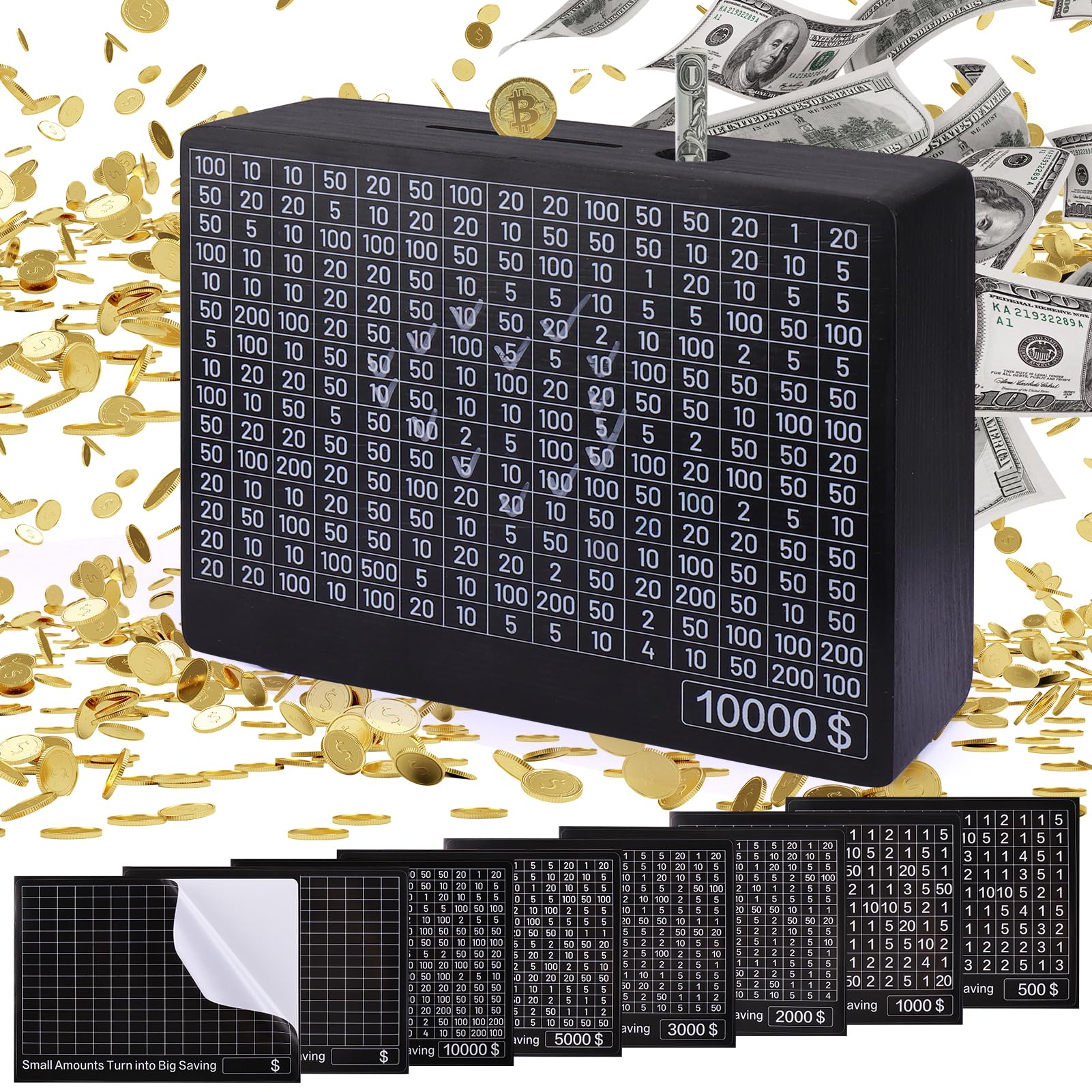 PalkskyMoney Saving Box, Wooden Digital Piggy Bank for Adults, 10000 Savings Challenge Cash Box, Vault Cashbox Savings Goal $200/1000/2000/3000/5000