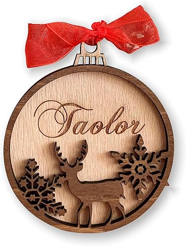 Personalized Christmas Name Ornament with Reindeer Laser Cut Snowflakes Engraved 3D Custom Wood Bauble Xmas 2023 Handmade Wooden Hanging Tree Decor