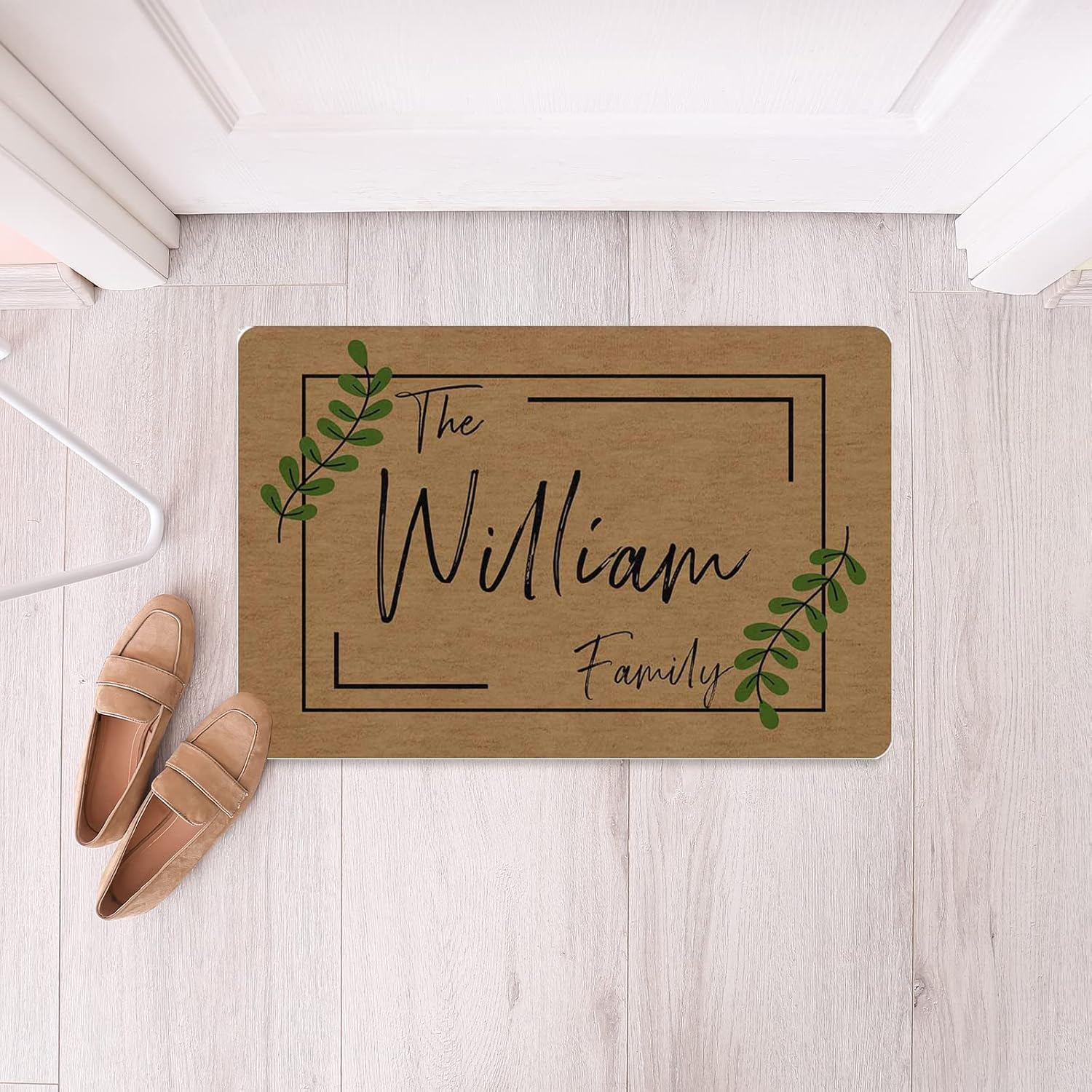 Custom Welcome Mat for Front Door,Personalized Door Mat Indoor Outdoor with Name Green Leaf,Customized Family Name Non Slip Low-Profile Floor Switch Rug for Home Entrance Made in USA 30 * 18 in