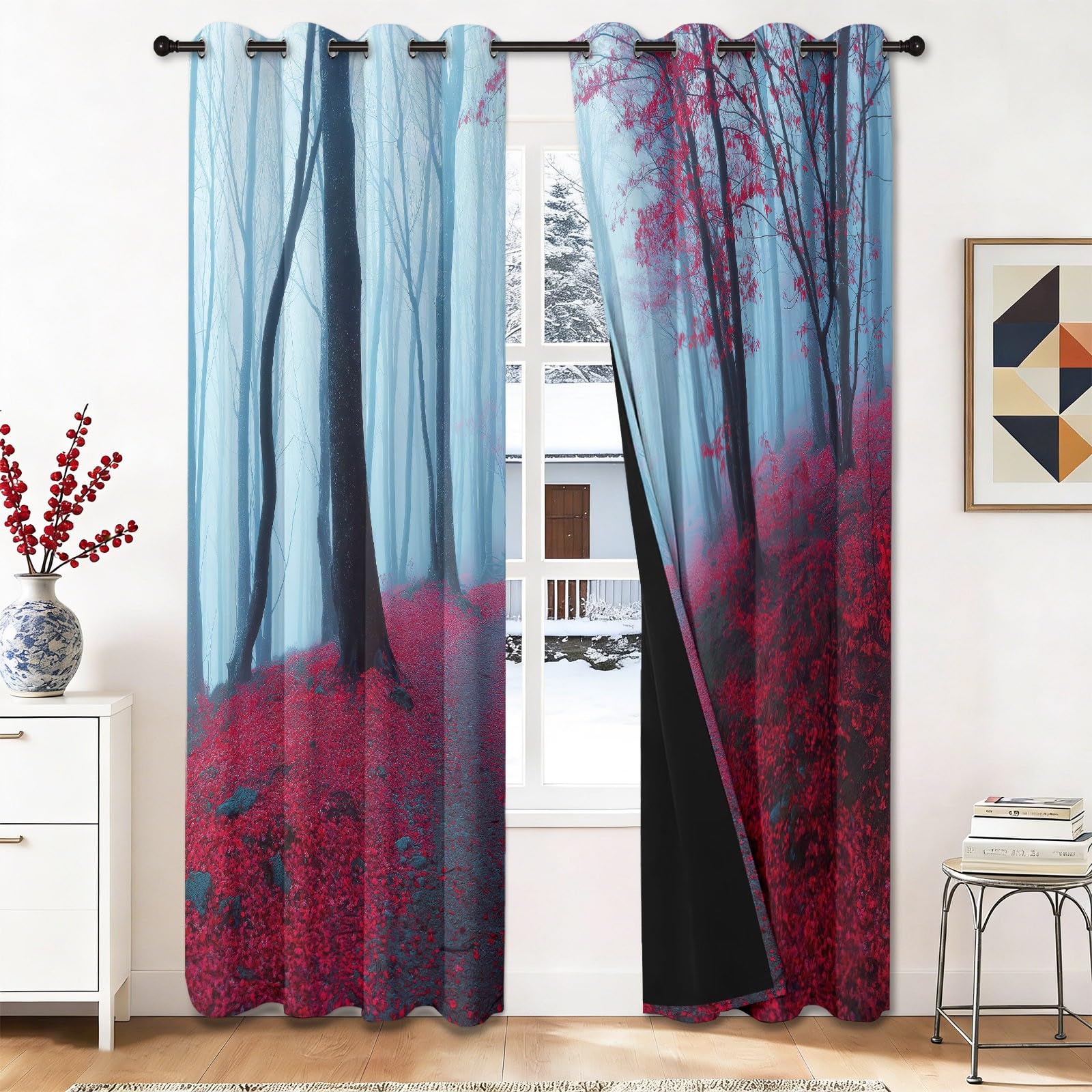 Firanki z oczkami w kolorze czerwonego i jasnoszarego lasu mgły i jesiennych liści, wys. 140 x szer. 90 cm (zestaw 2 szt.), nieprzejrzyste zasłony termiczne do pokoju dziecięcego i gabinetu, gabinetu