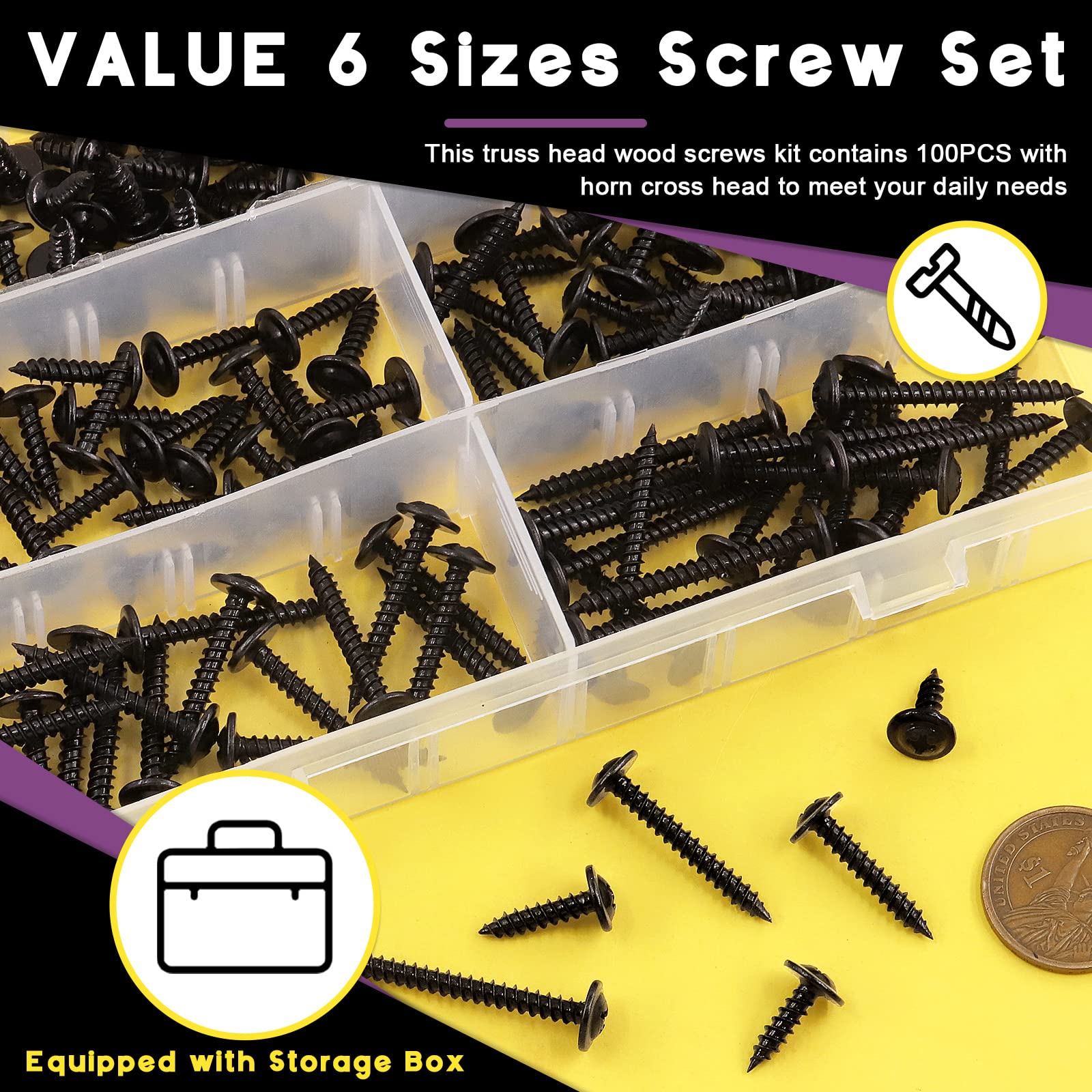 Swpeet 340Pcs 6 Sizes #8 x 1/2", 5/8", 3/4", 1", 1-1/4", 1-1/2" Phillips Modified Truss Head Wood Screws Assortment Kit - Image 3