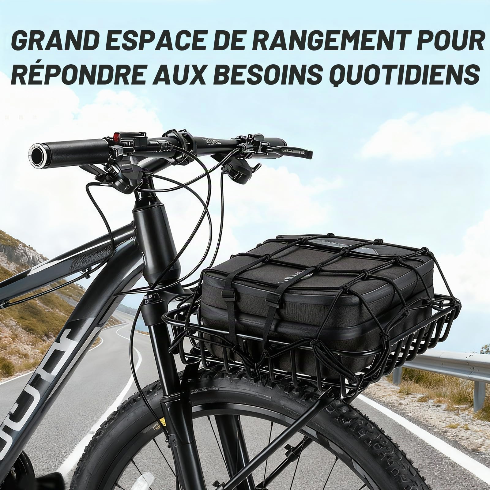 Panier de vélo avant en alliage d'aluminium, grand panier de vélo avant avec entretoises de maintien et sangles stables, porte-bagages de vélo, charge maximale de 10 kg, pour VTT, vélo de route, vélo