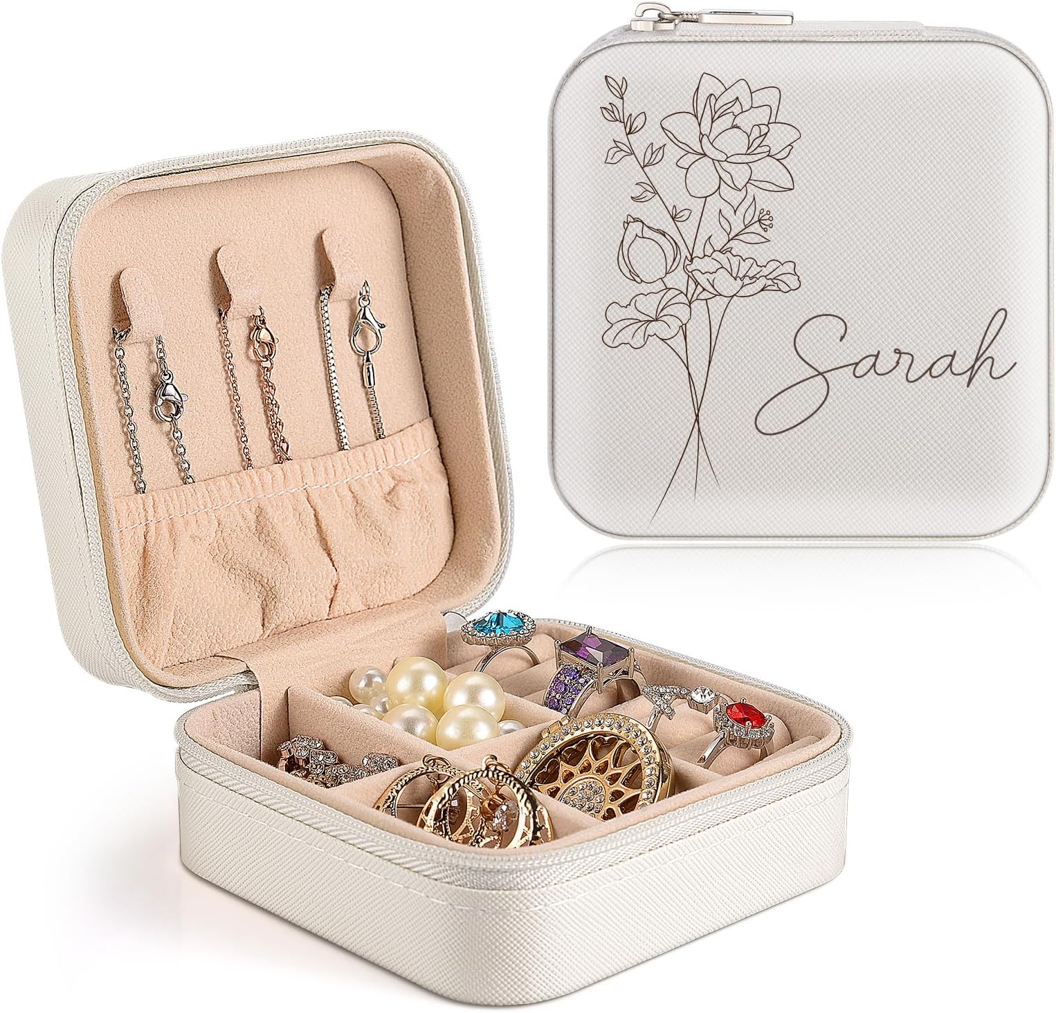 ChrifansiChrifansi Personalized Jewelry Box Custom Travel Jewelry Case Leather Small Birthday Gifts for Women Mom Gifts From Daughter Mothers Day Gift (Birth Flower+Name 1)