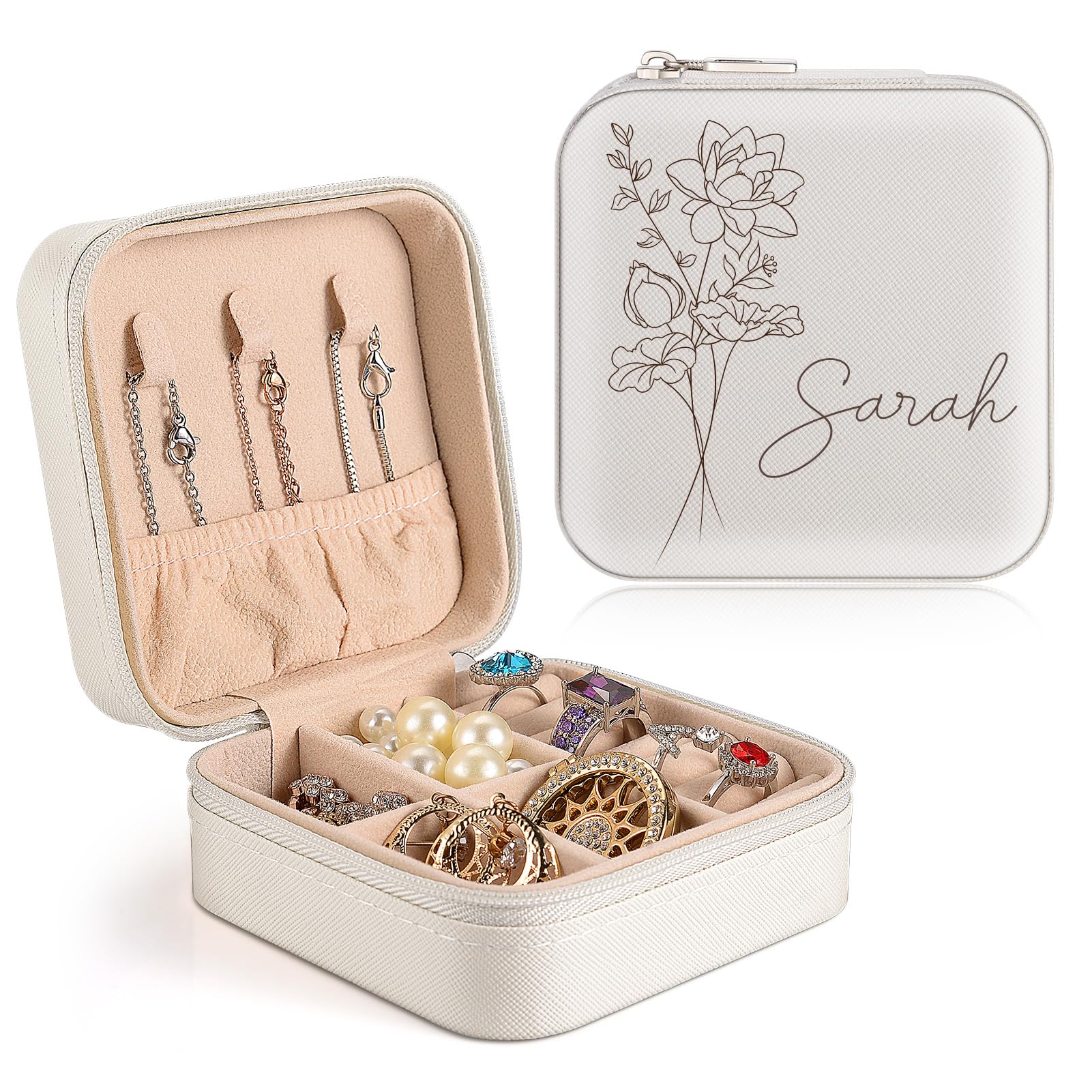 ChrifansiChrifansi Personalized Jewelry Box Custom Travel Jewelry Case Leather Small Birthday Gifts for Women Mom Gifts From Daughter Mothers Day Gift (Birth Flower+Name 1)