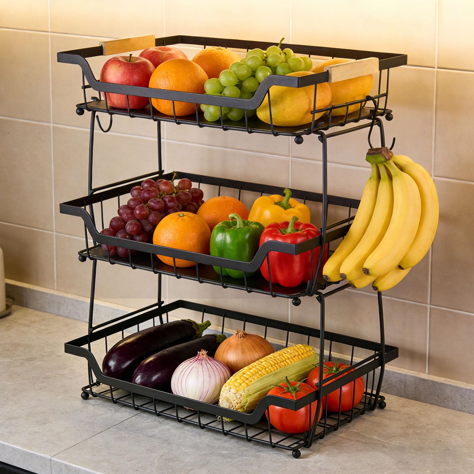 Corbeille à fruits avec 2 crochets bananes pour plan de travail de cuisine, comptoir de légumes, support de rangement, grande capacité, fil métallique, porte-fruits, organisateur pour