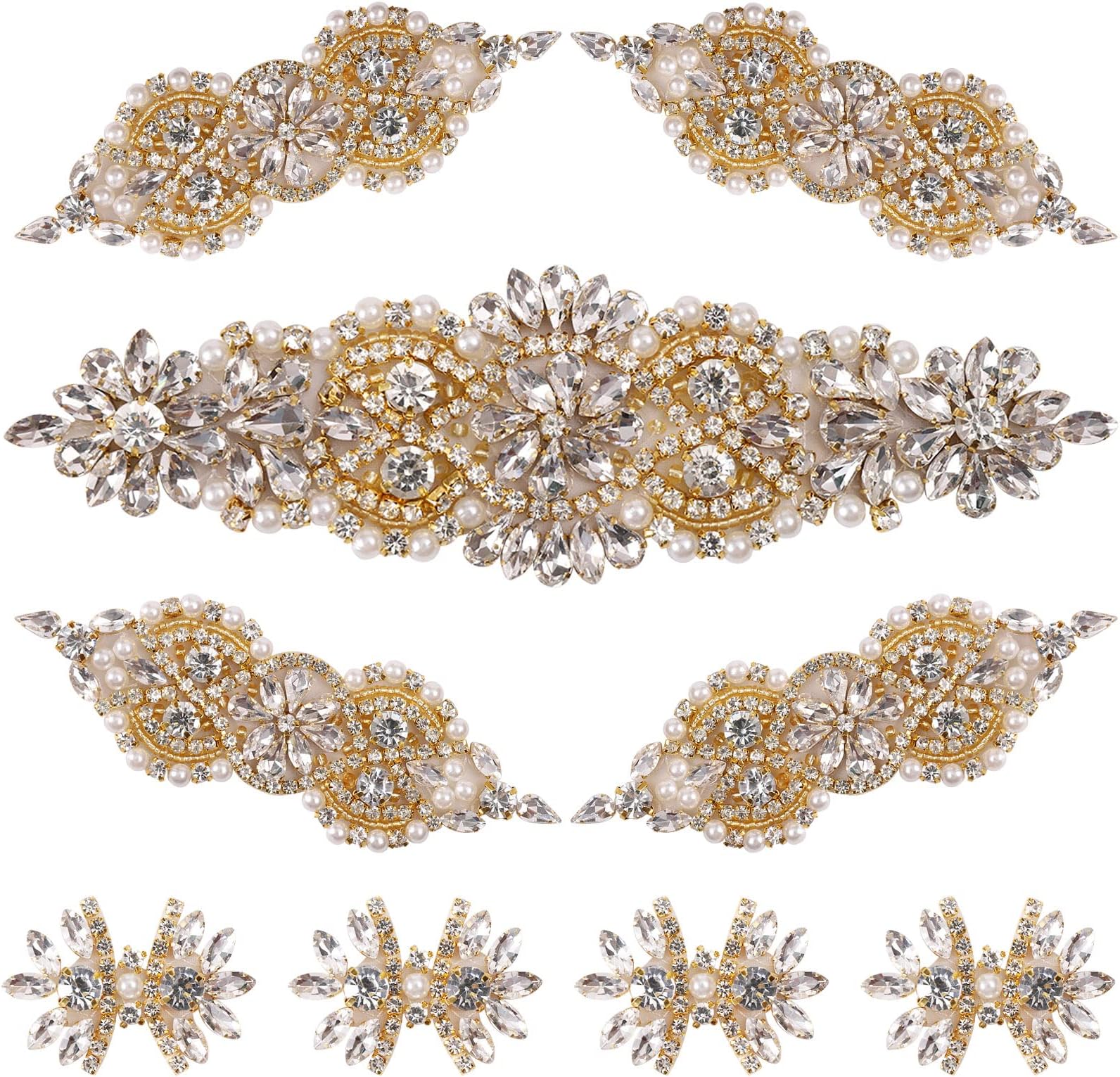 9 Pack Rhinestone Crystal Wedding Applique Iron on Patch DIY Sewing Appliques for Bridal Dress Clothes Shoes Decoration Handmade Wedding Accessories (Gold)