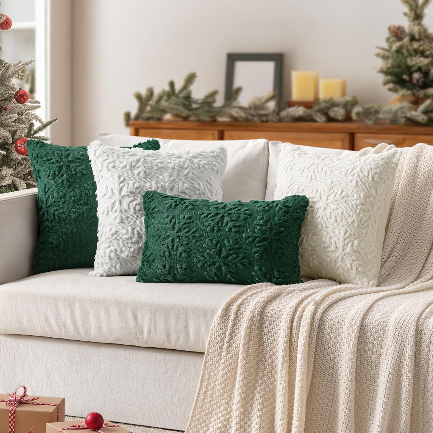 MIULEE Christmas Dark Green Lumbar Throw Pillow Covers Snowflakes Decorative 12×20 Inch Faux Wool Winter Festival Couch Pillow Covers Set of 2 Farmhouse Holiday Home Decors for Sofa Livingroom Bed