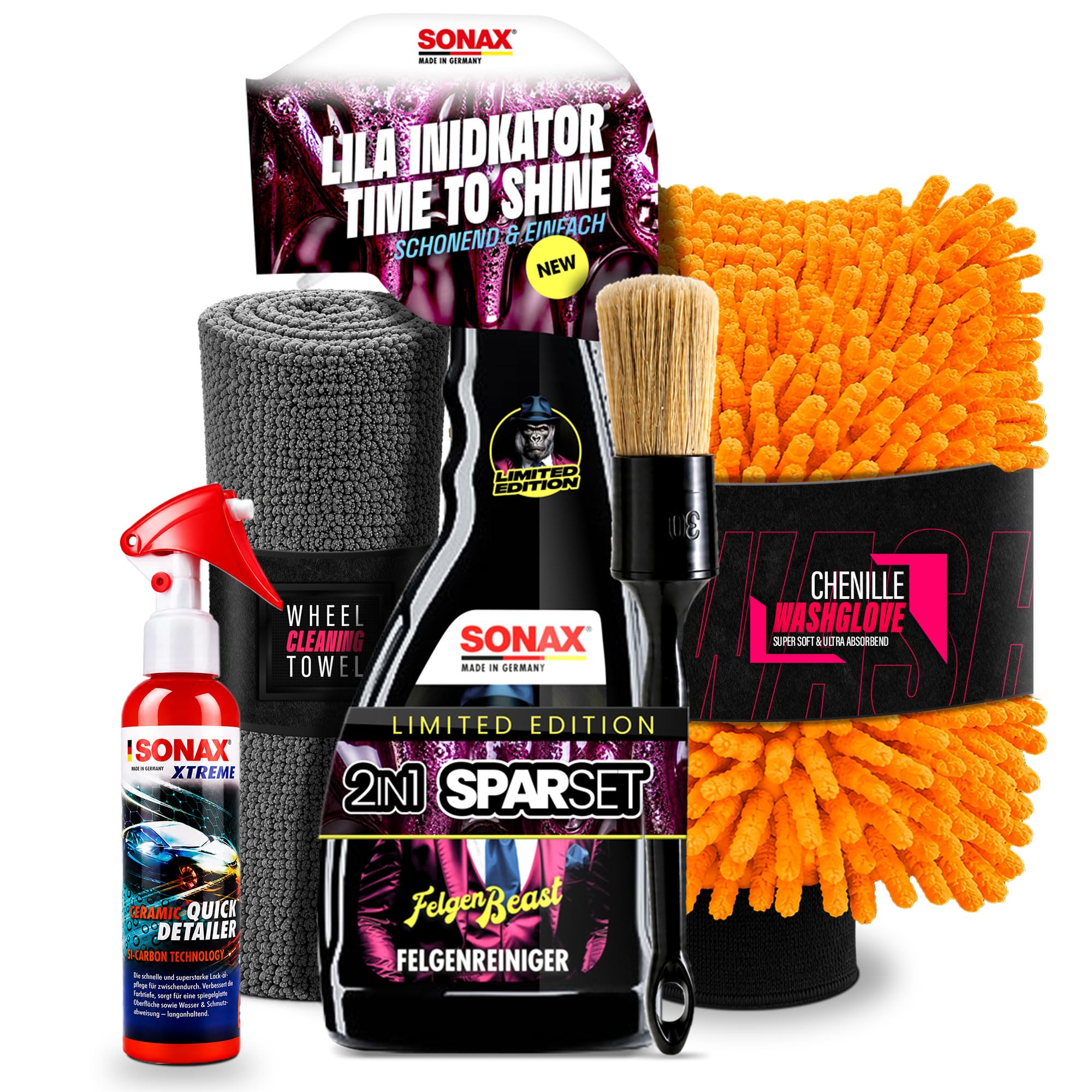 autopflege Sonax - Set di pulizia e sigillatura per cerchioni, 500 ml, edizione speciale senza acidi + Sonax Xtreme Ceramic Quick Detailer 140 ml + pennello per cerchioni + guanto