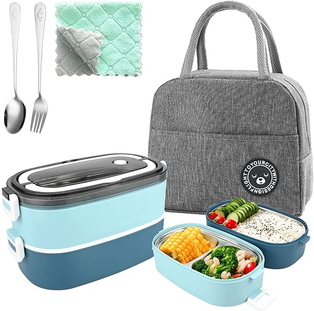 2 Tier Bento Lunch Box for Adults and Kids, Food Containers with 3 Compartments, Cutlery (Spoon & Fork) and Rag, Portable Leakproof Lunch Box with Lunch Bag for Work, School and Outdoor Picnic