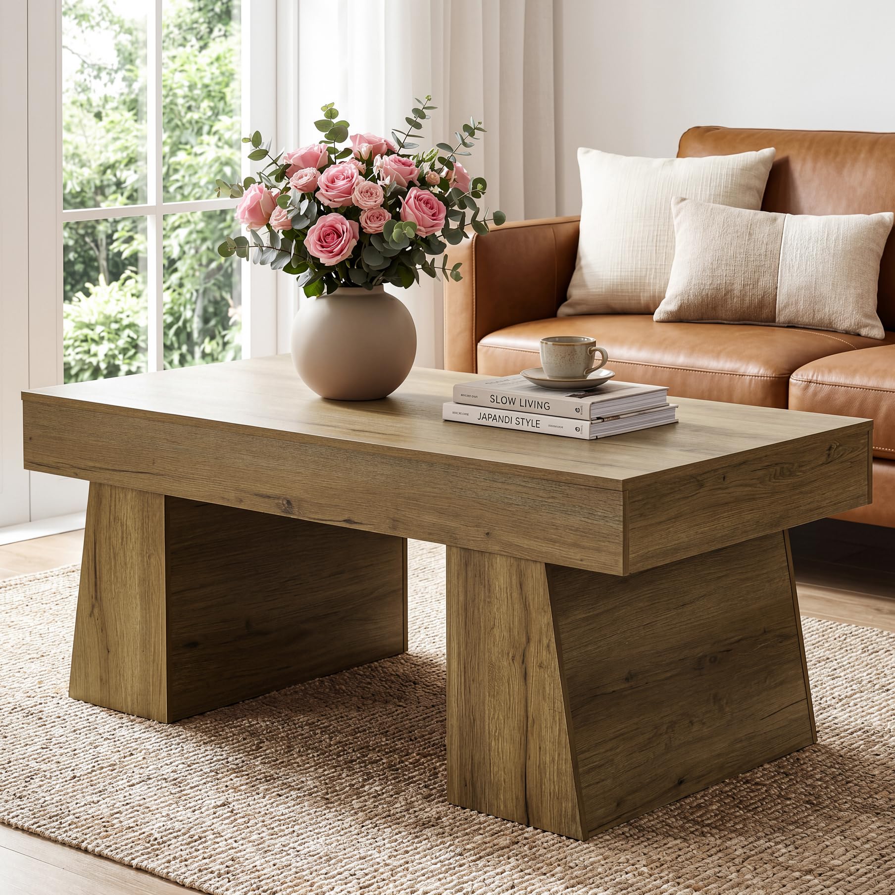 SEJOV Farmhouse Coffee Table, 47" Retro Brown Wooden Accent Center Table