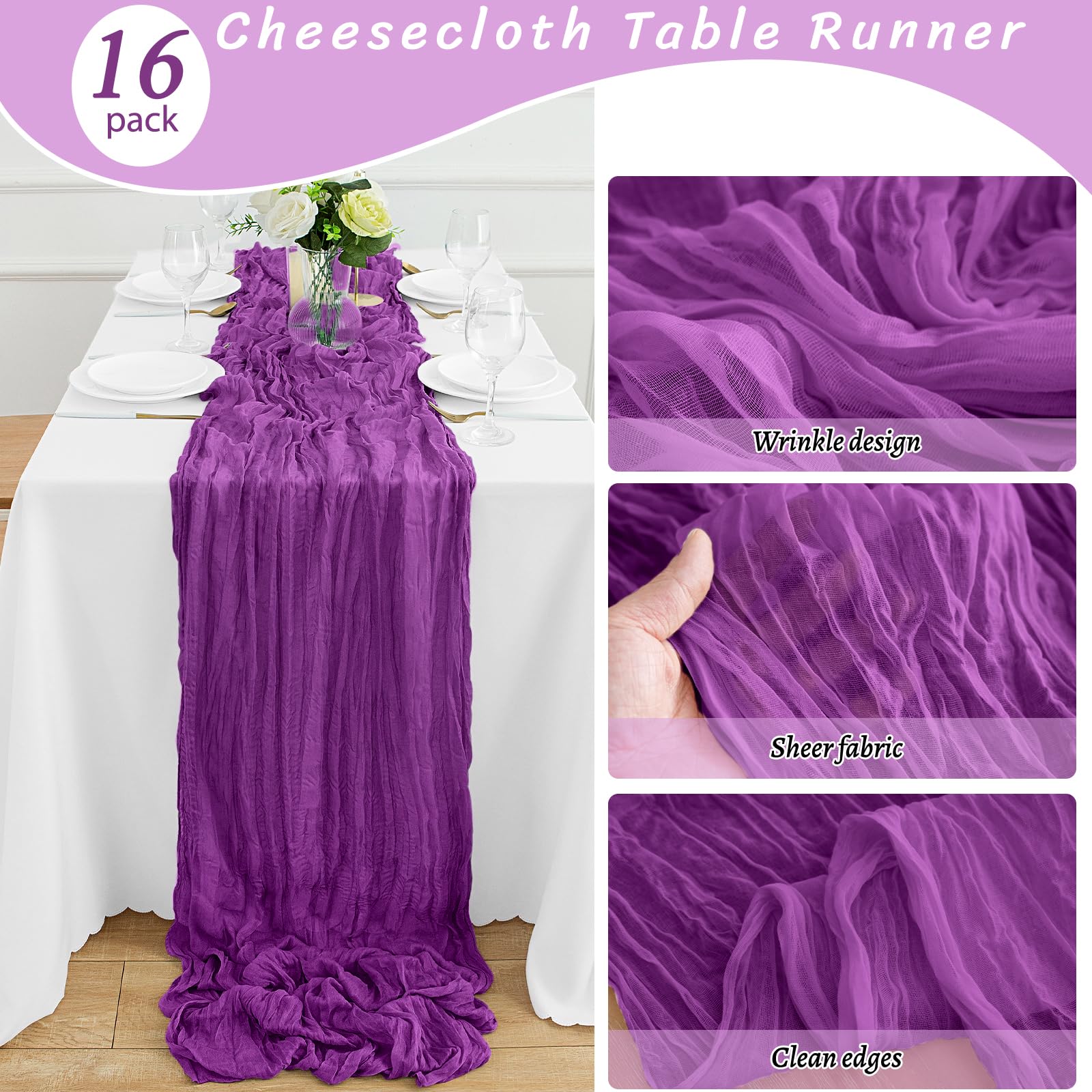 16 x lila Tischläufer aus Seihtuch, 35 x 300 cm lang, Boho-Käsetuch, rustikale Gaze-Tischläufer für Party, Hochzeit, Brautparty, Babyparty, Dekorationen