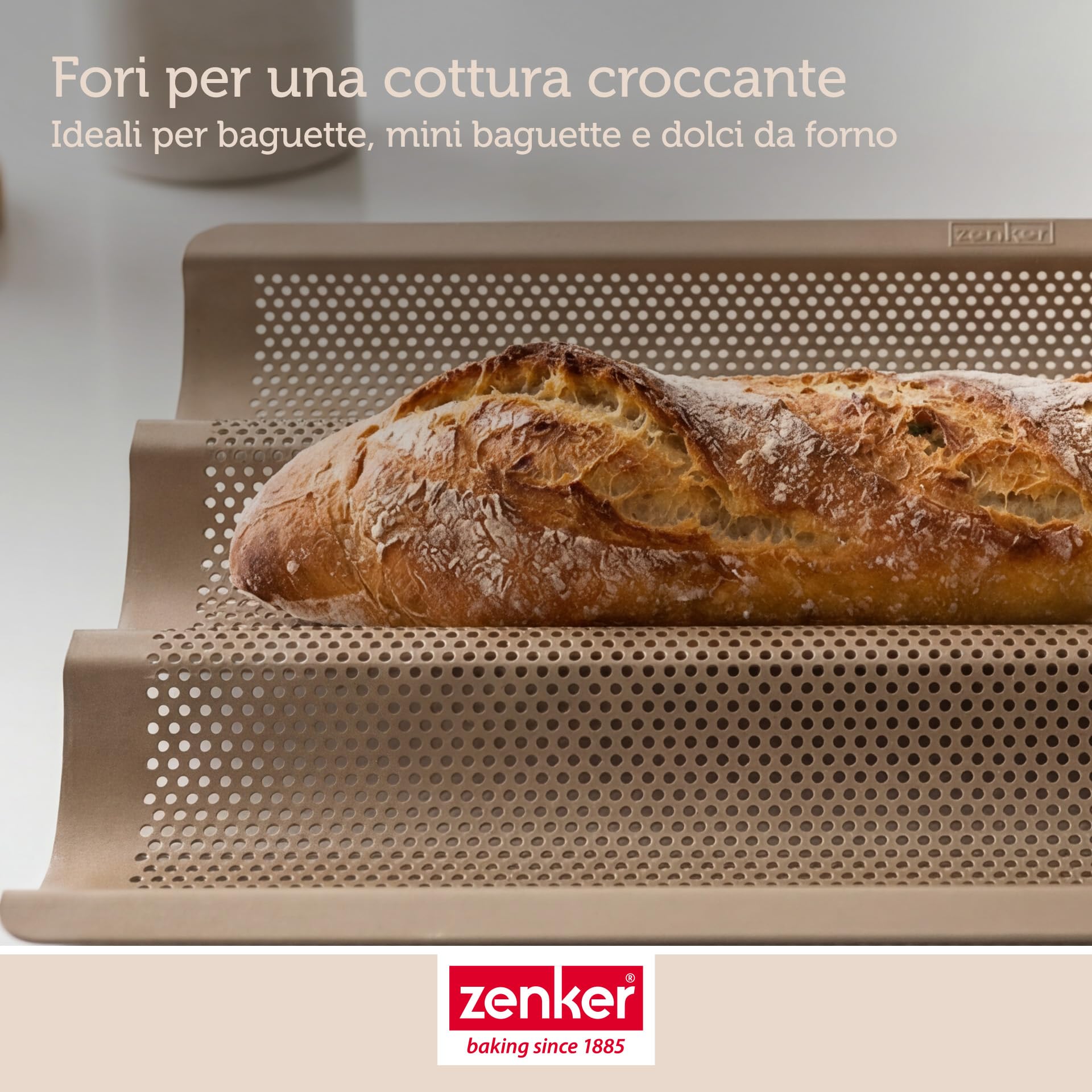 Zenker 3 teglie per baguette – Teglia perforata per baguette croccanti – Rivestimento antiaderente che impedisce l'incollaggio – Resistente al calore fino a +230°C, 38,5 x 25 x 3 cm
