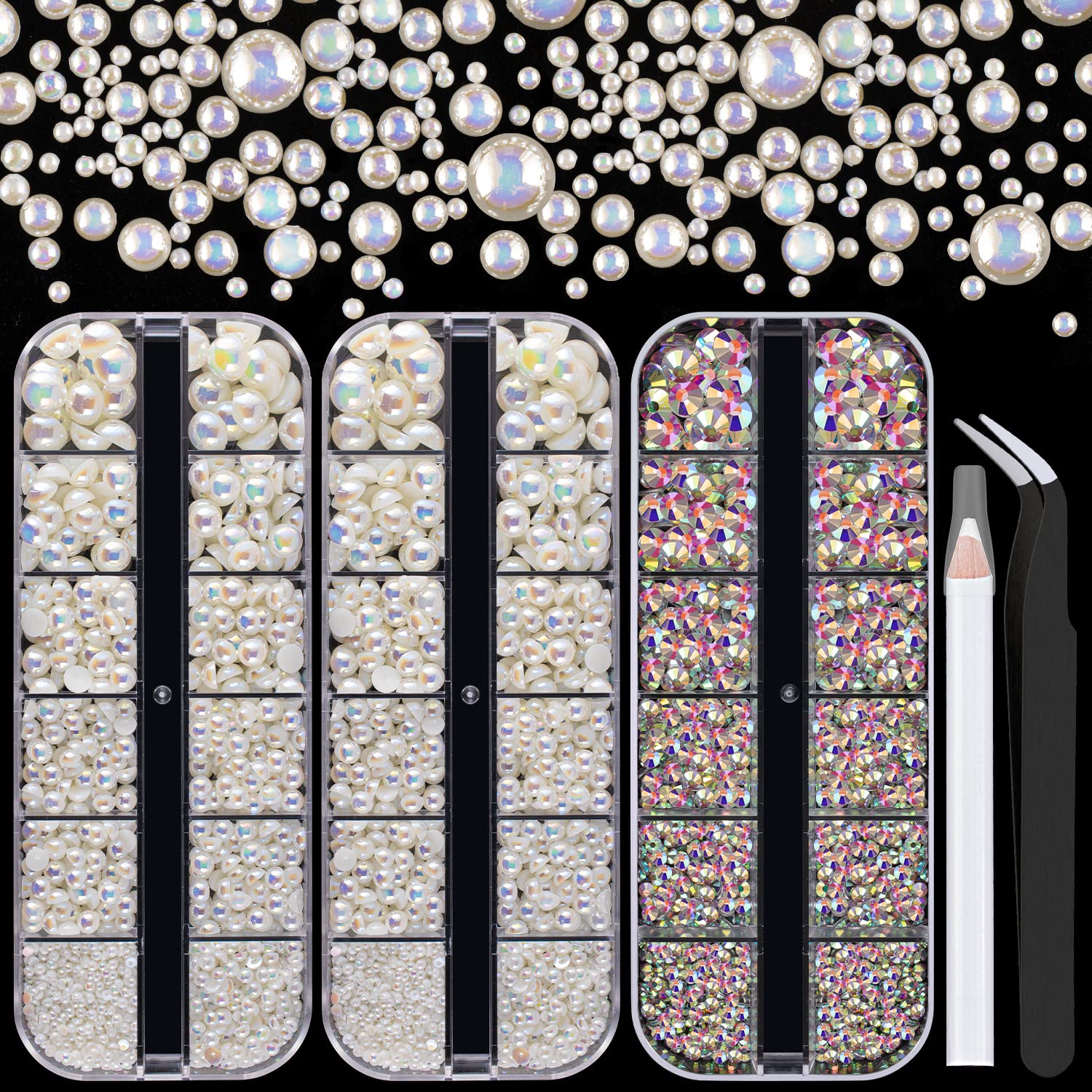4000PCS Flatback Rhinestones and Half Round Pearls Kit #33, Multi Size Glass AB Crystals, Plastic Flat Back Beige AB Dome Bead with Pickup Pencil and Tweezer for Nail Art